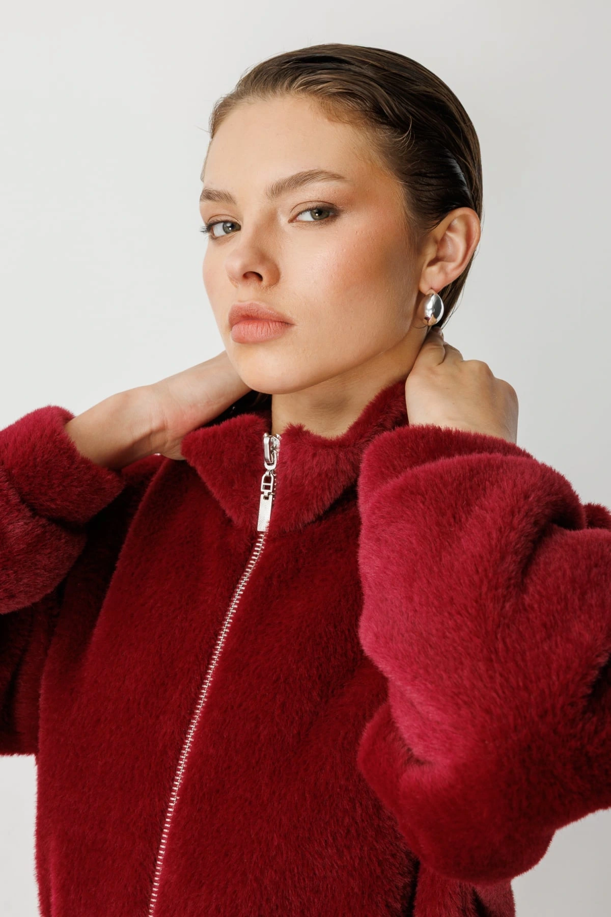Ekol Kadın Fermuarlı Bordo Peluş Manto 06103