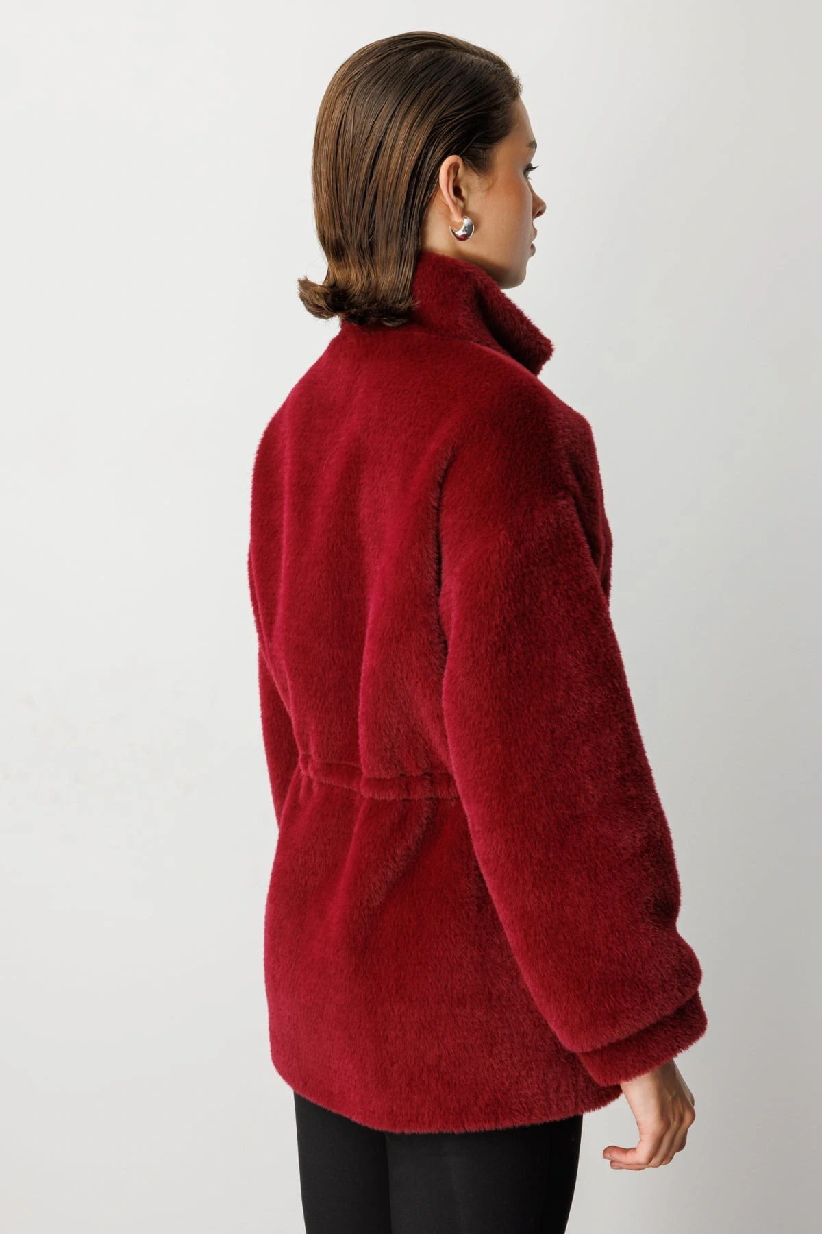 Ekol Kadın Fermuarlı Bordo Peluş Manto 06103