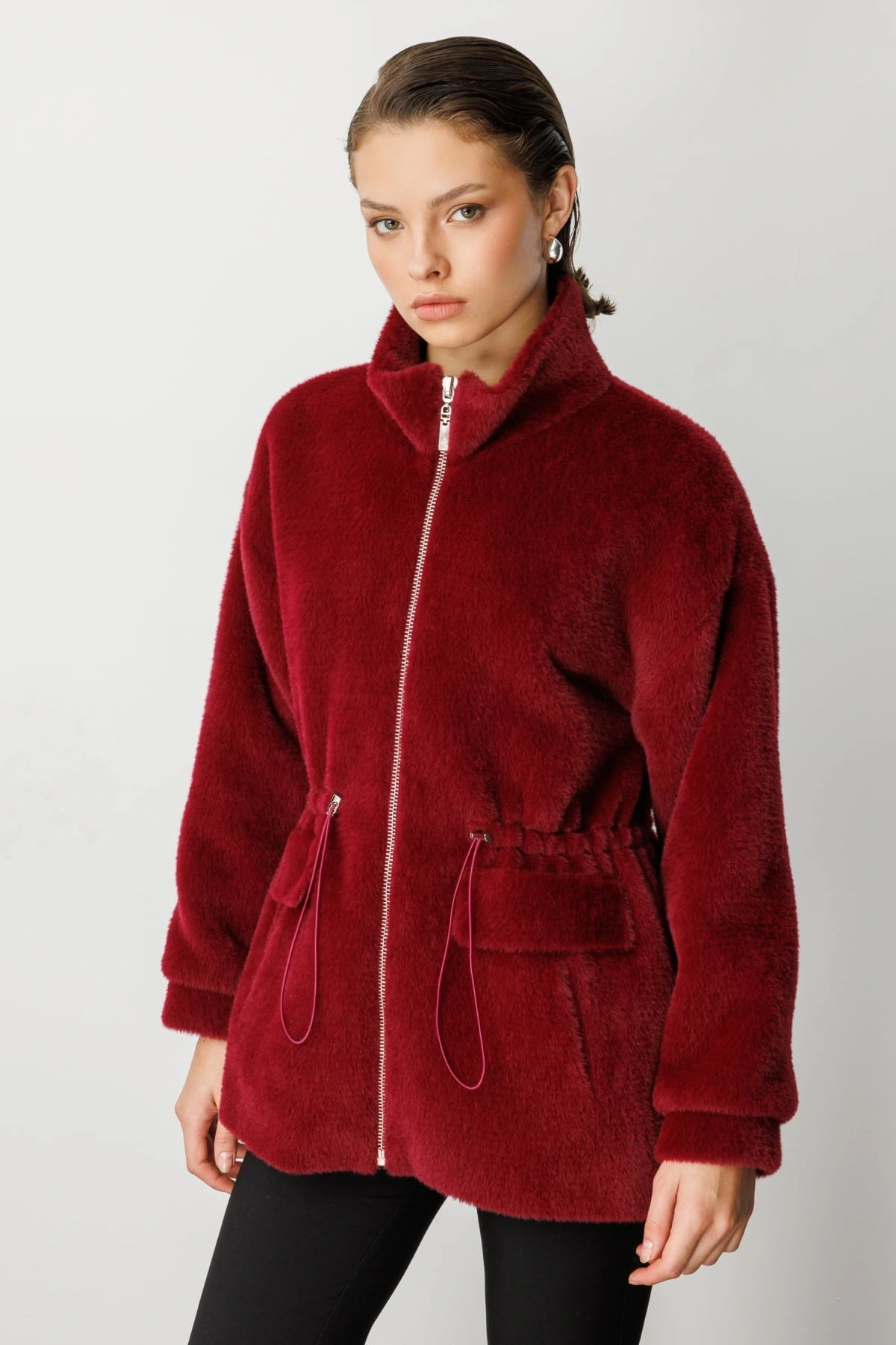Ekol Kadın Fermuarlı Bordo Peluş Manto 06103