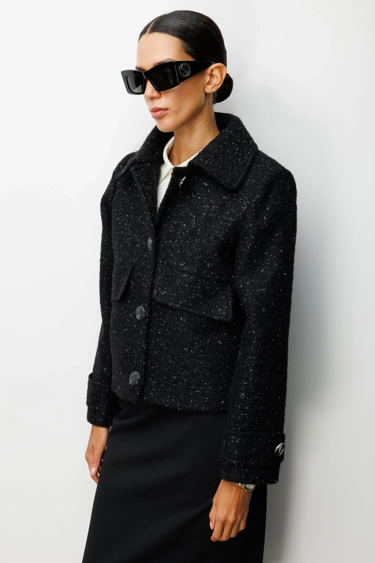 Ekol Kadın Kapak Cepli Siyah Manto 06089