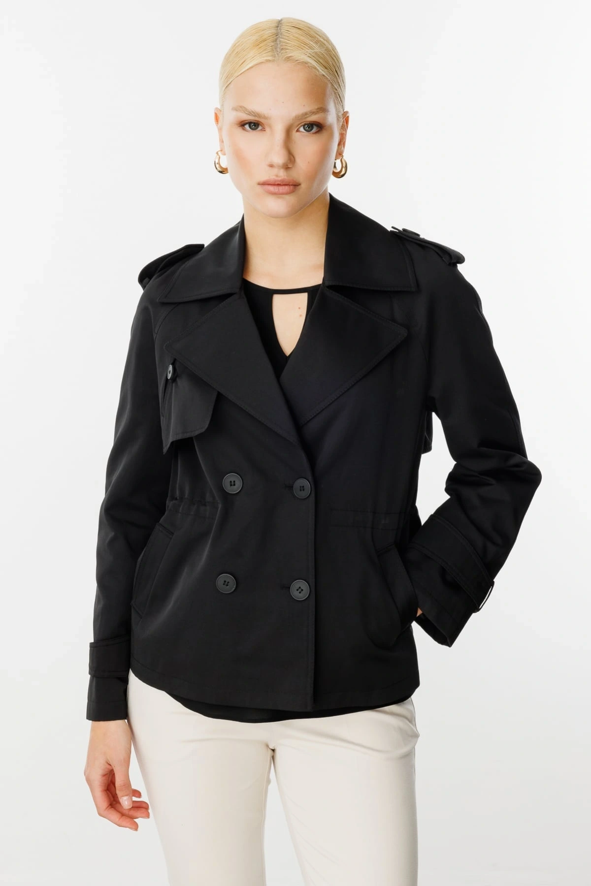 Ekol Kadın Kısa Boy Siyah Trençkot 07006