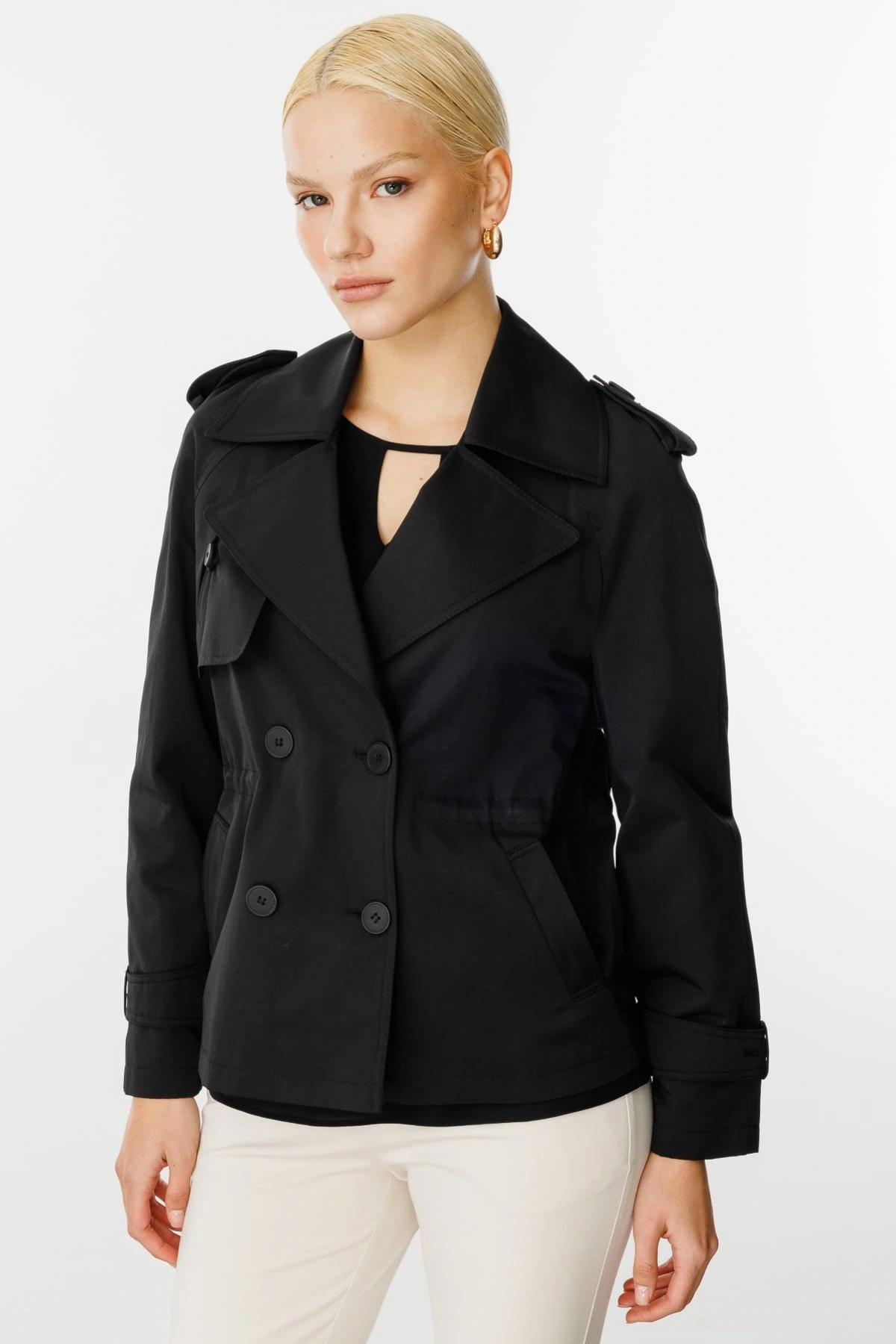 Ekol Kadın Kısa Boy Siyah Trençkot 07006