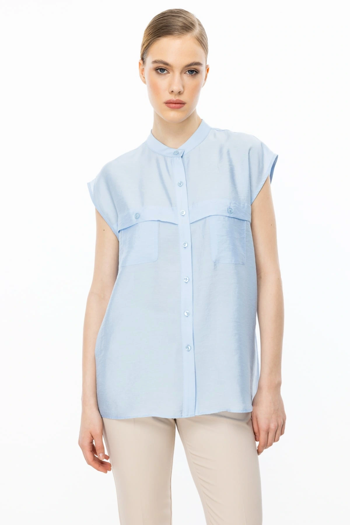 Ekol Kadın Kolsuz Ön Düğmeli Mavi Bluz 03022