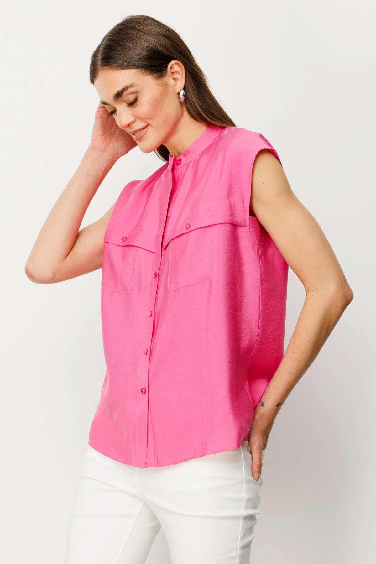 Ekol Kadın Kolsuz Ön Düğmeli Pembe Bluz 03022