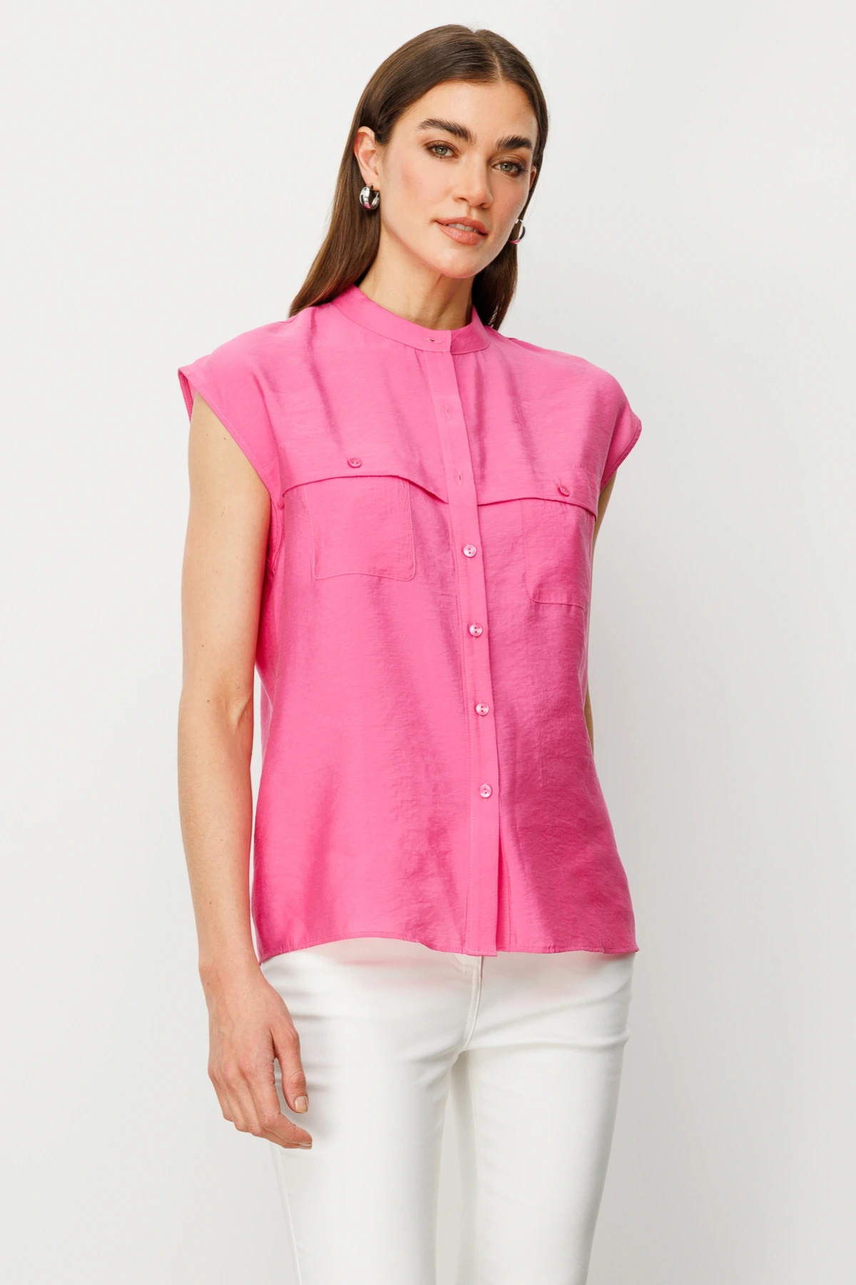 Ekol Kadın Kolsuz Ön Düğmeli Pembe Bluz 03022