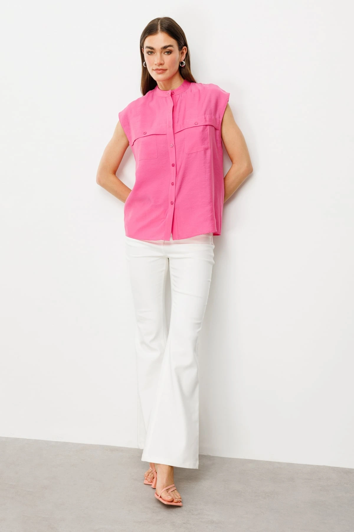 Ekol Kadın Kolsuz Ön Düğmeli Pembe Bluz 03022