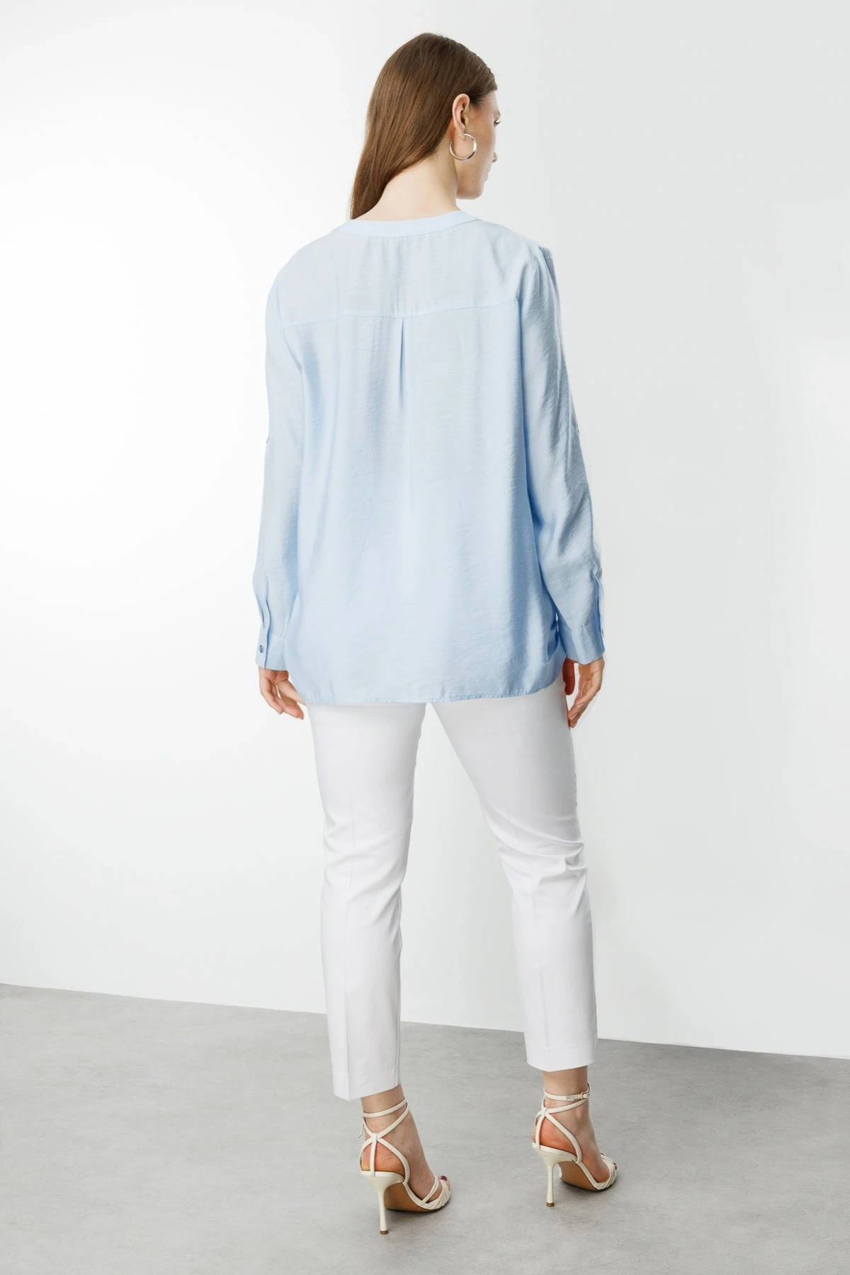 Ekol Kadın Önü Düğmeli Hakim Yaka Mavi Bluz 03518