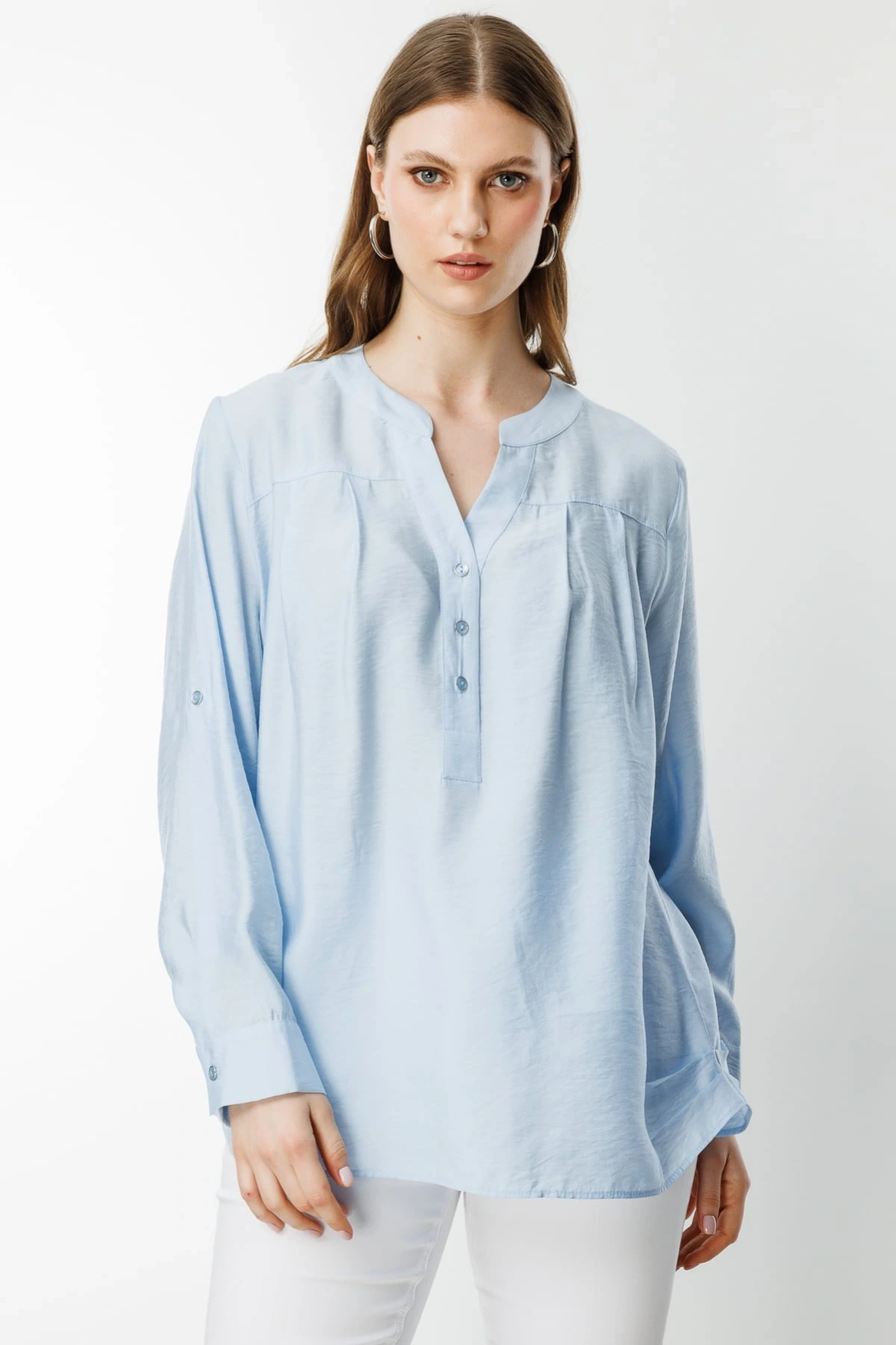 Ekol Kadın Önü Düğmeli Hakim Yaka Mavi Bluz 03518
