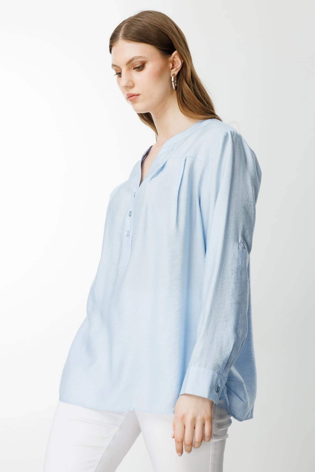 Ekol Kadın Önü Düğmeli Hakim Yaka Mavi Bluz 03518