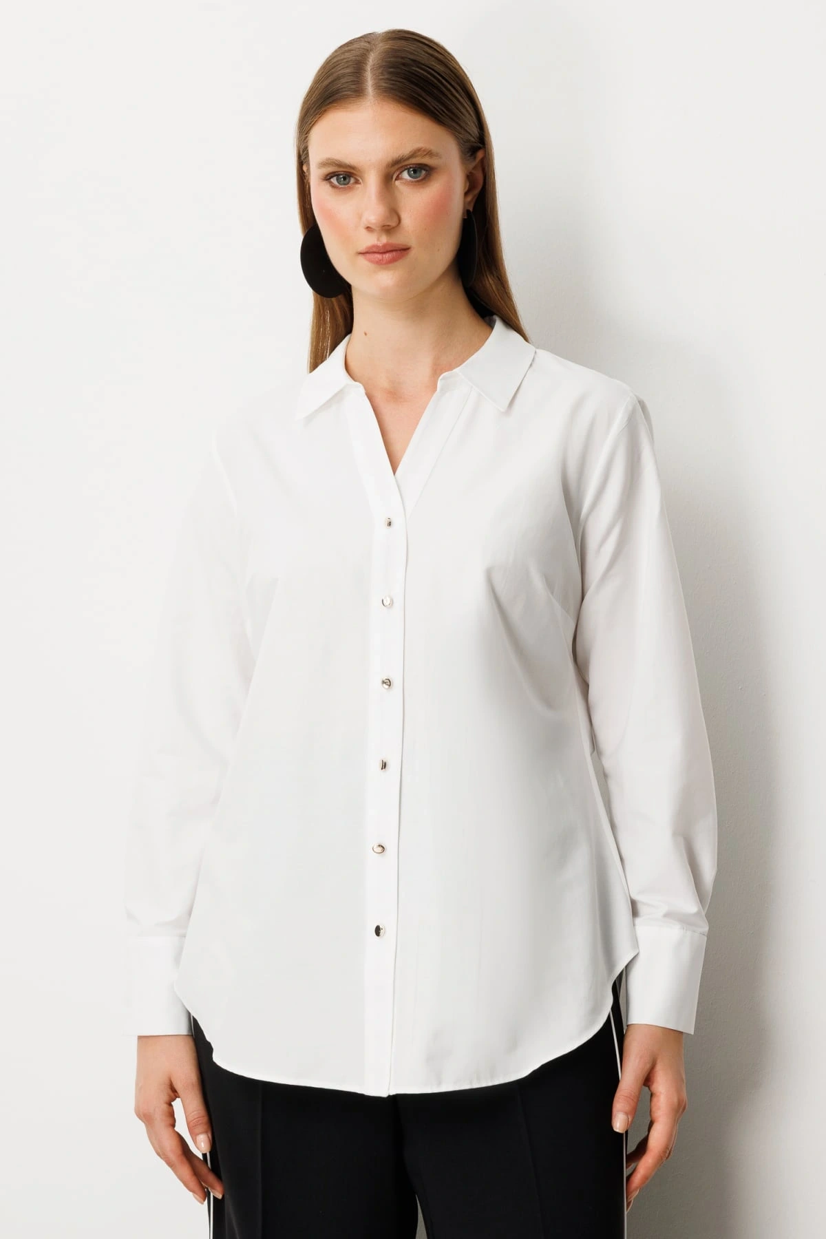 Ekol Kadın Önü Düğmeli Polo Yaka Ekru Gömlek 03549