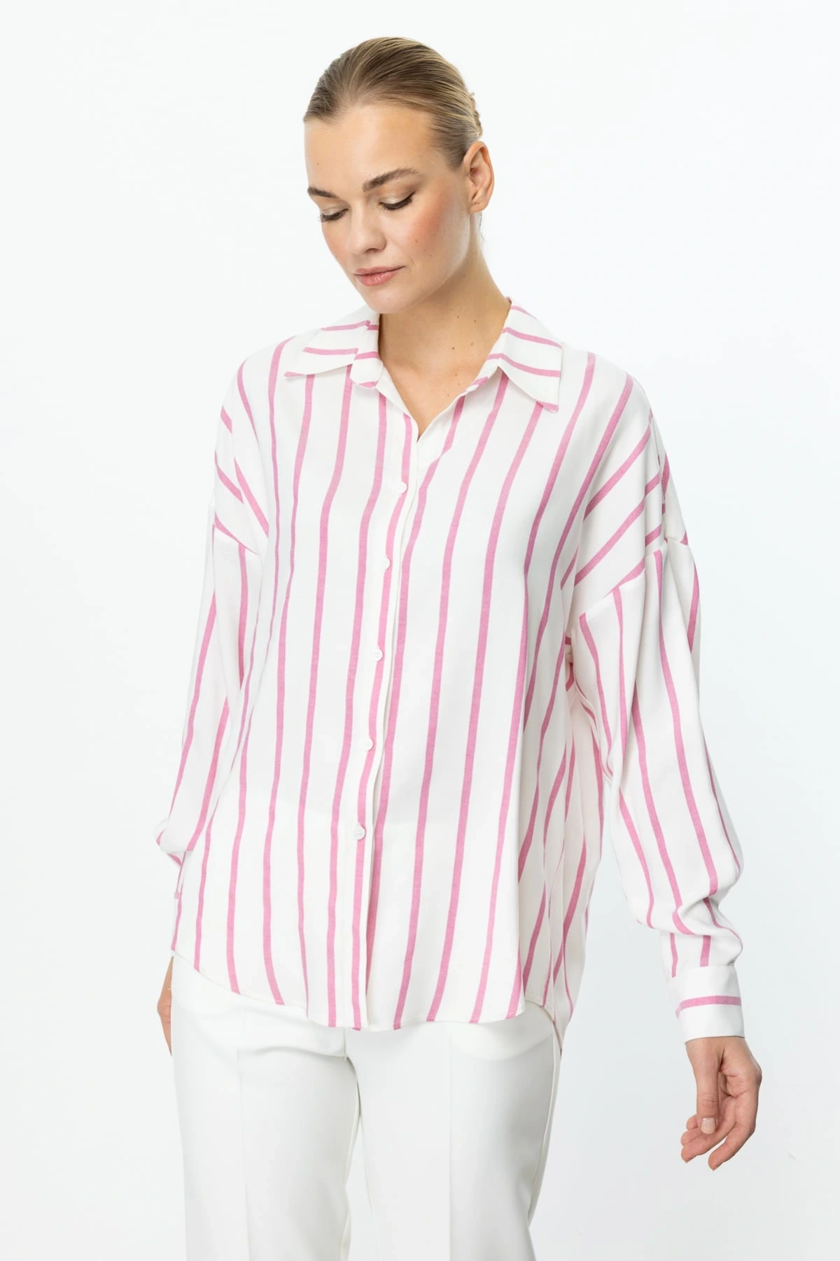 Ekol Kadın Pembe Çizgili Gömlek 03110