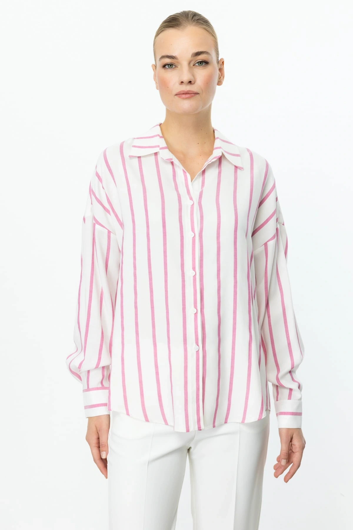 Ekol Kadın Pembe Çizgili Gömlek 03110