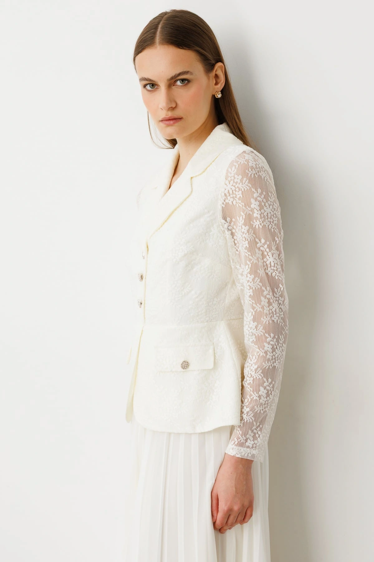 Ekol Kadın Pile Etek Ceket Model Ekru Elbise 05034