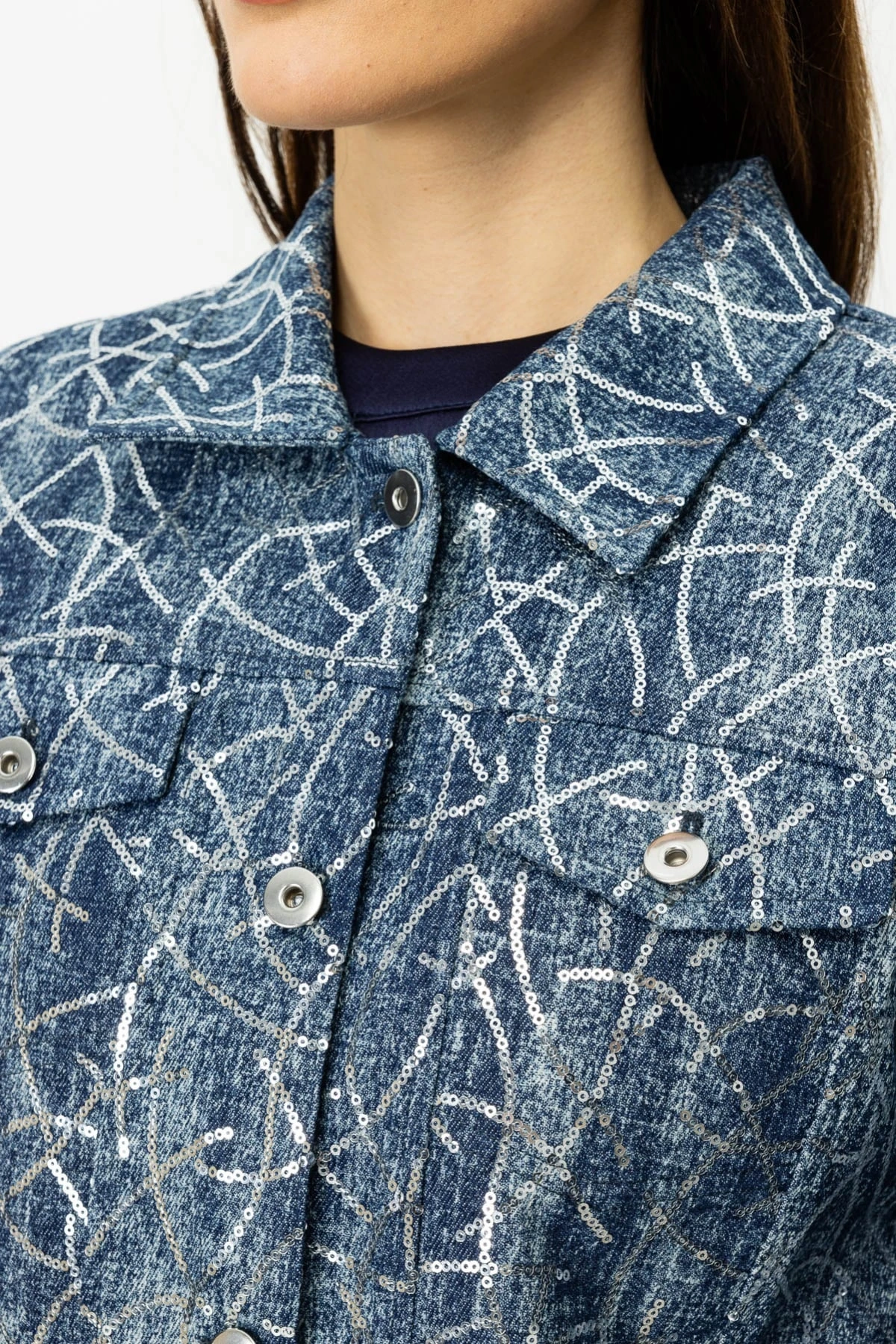 Ekol Kadın Pul İşlemeli İndigo Kot Mont 06026