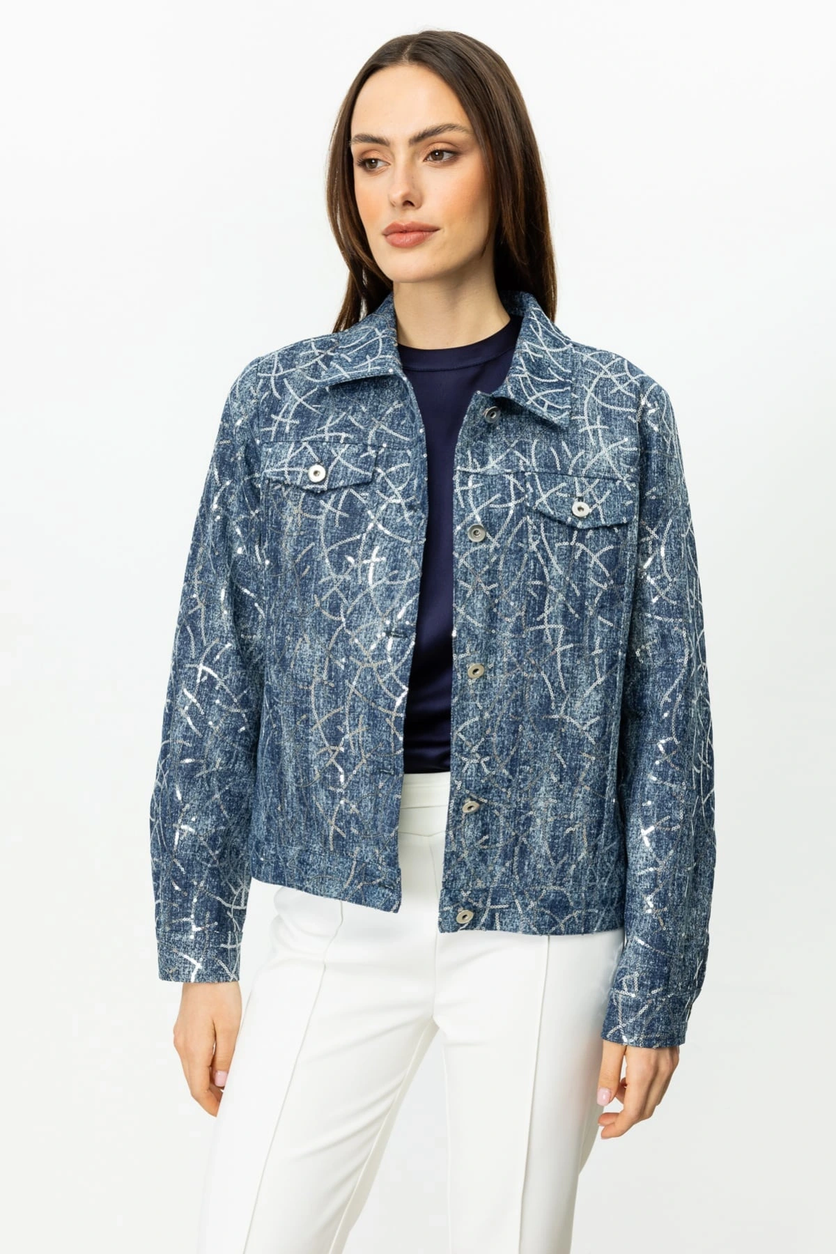 Ekol Kadın Pul İşlemeli İndigo Kot Mont 06026