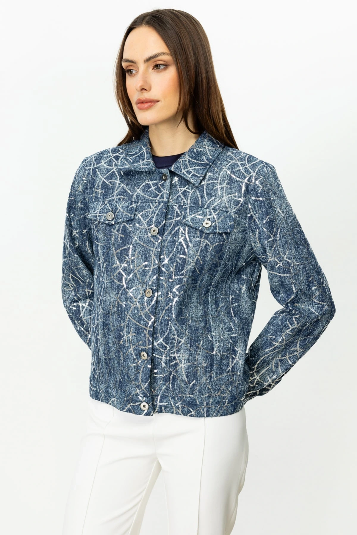 Ekol Kadın Pul İşlemeli İndigo Kot Mont 06026