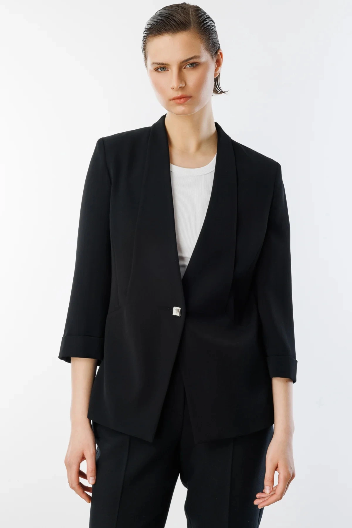 Ekol Kadın Tek Düğmeli Siyah Blazer Ceket 04128