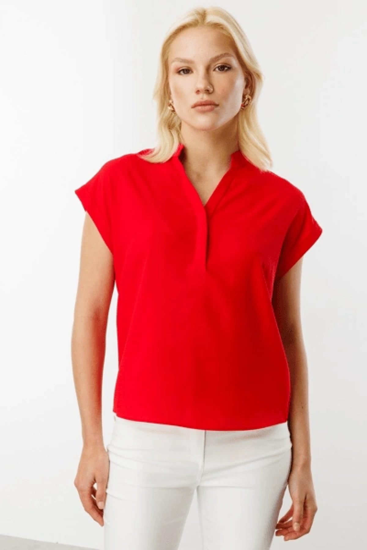 Ekol Kadın V Yaka Kırmızı Bluz 03044
