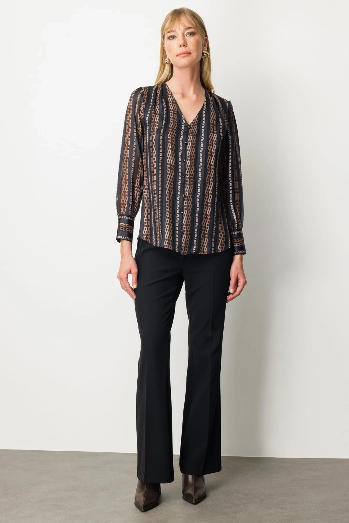 Ekol Kadın Zincir Desenli Taba Bluz 03063