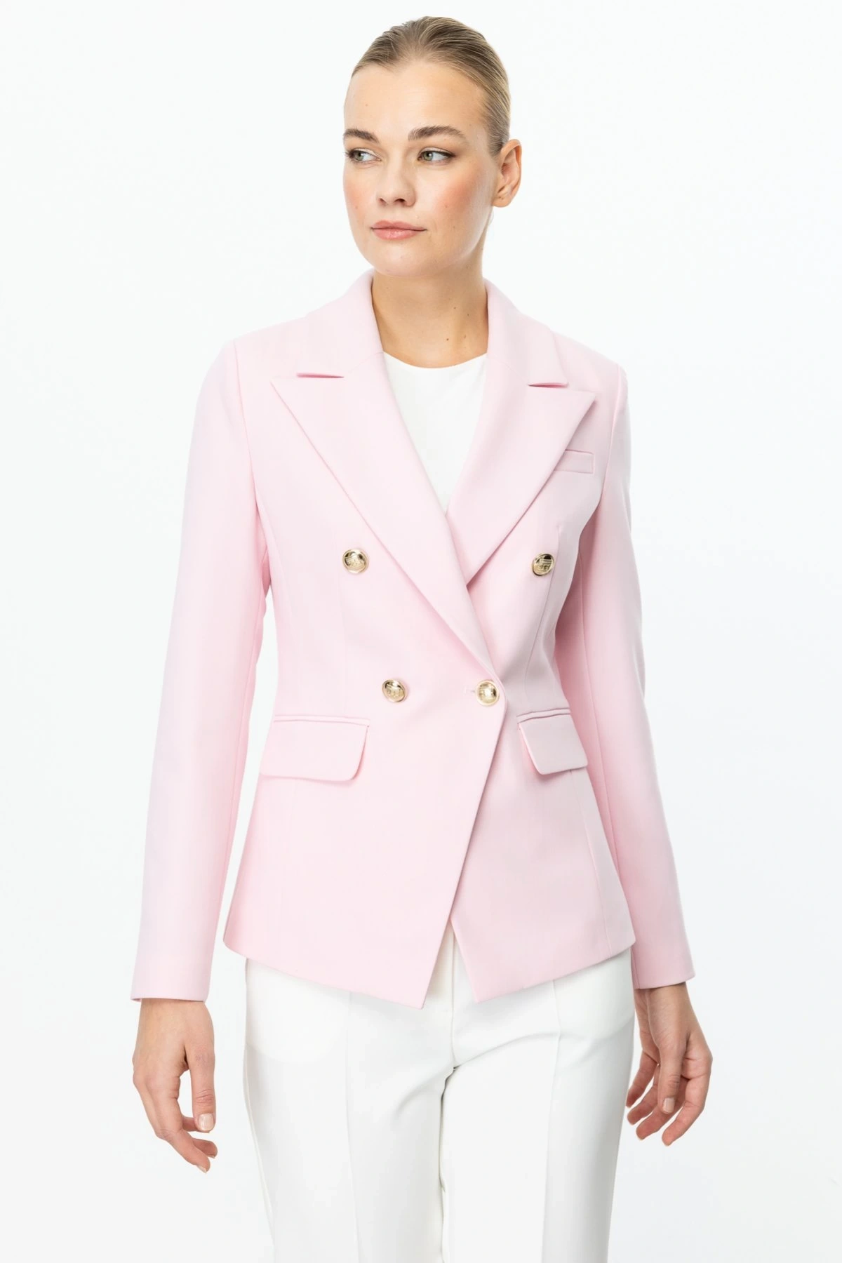 Ekol Kapak Cepli Kruvaze Yaka Kadın Pembe Ceket 04002