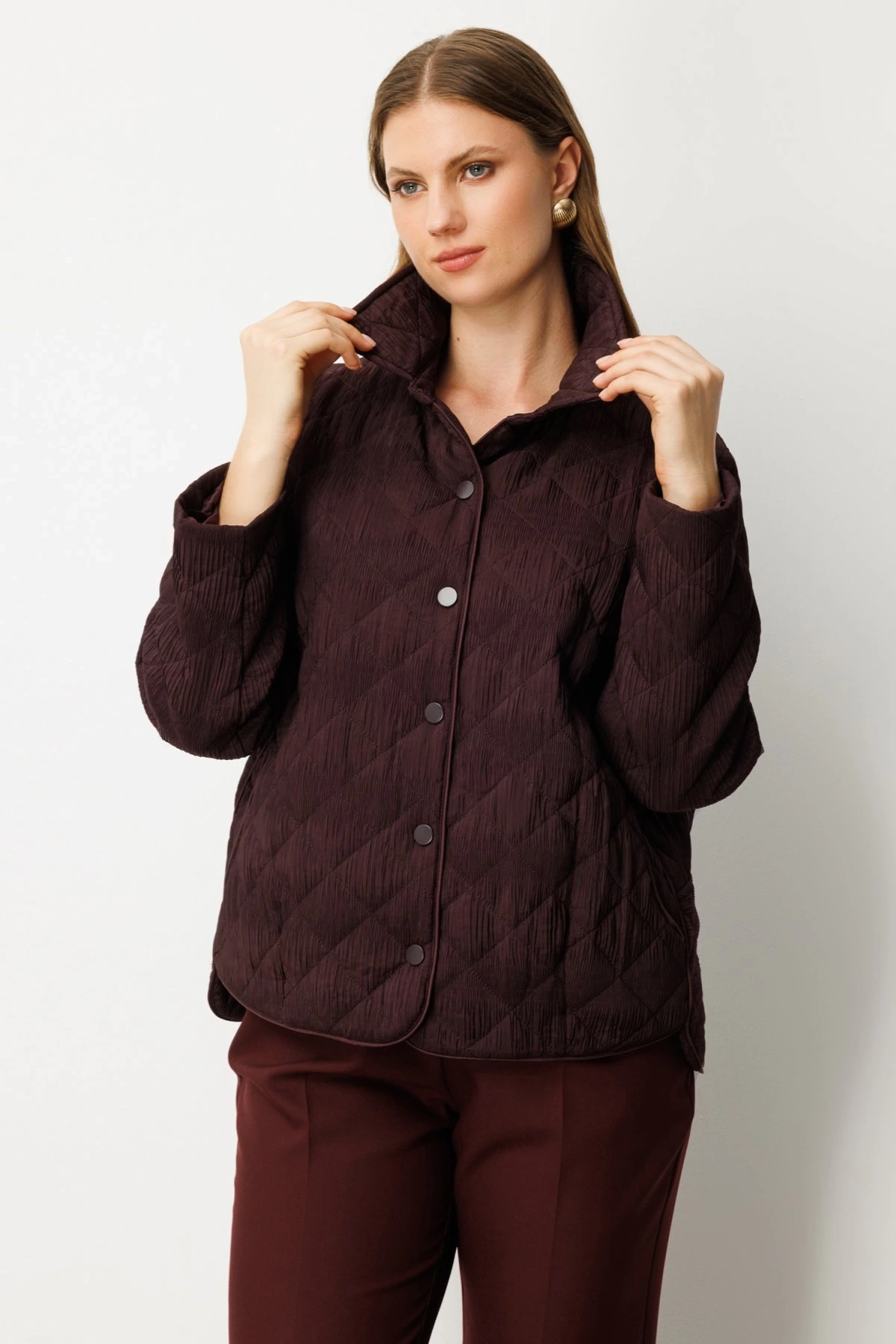 Ekol Büyük Beden Kapitone Çıtçıtlı Bordo Kadın Mont 06801