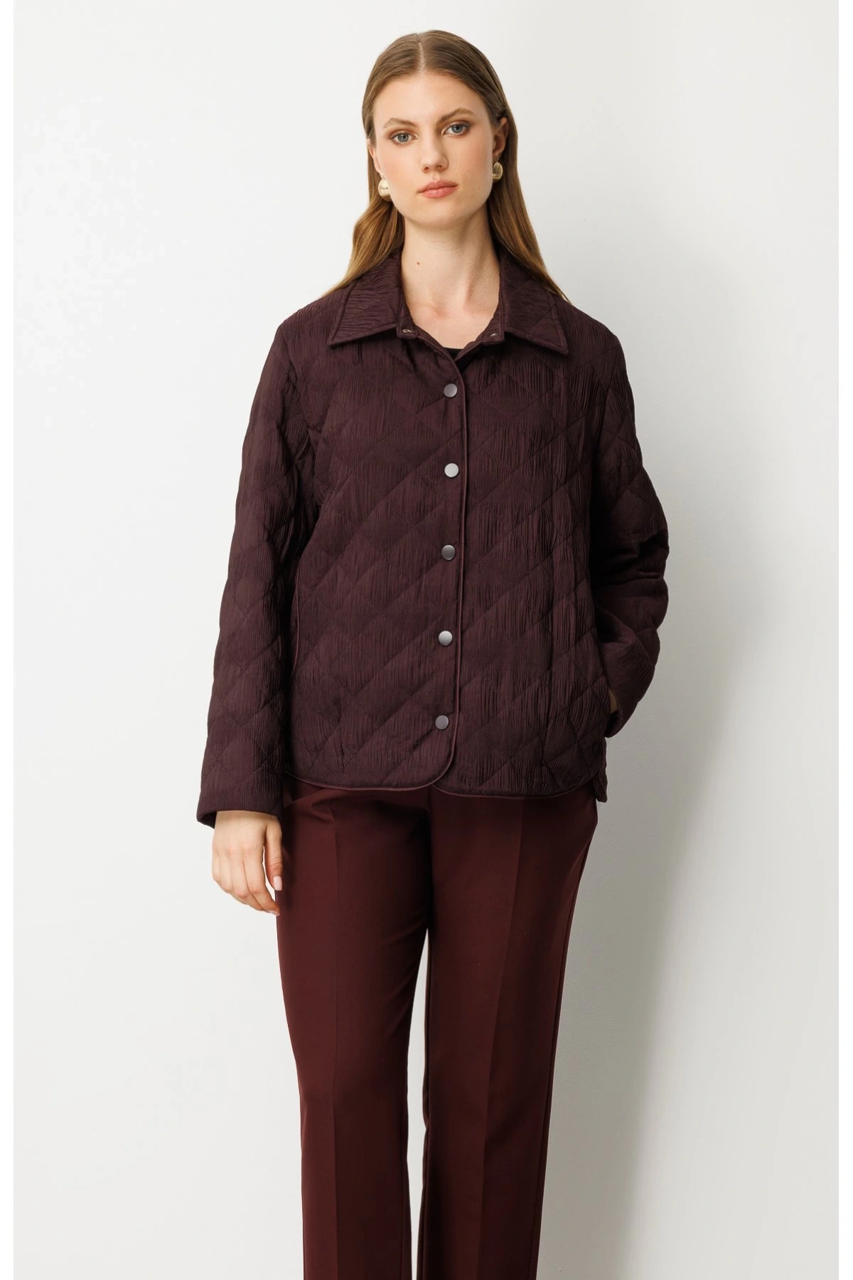 Ekol Büyük Beden Kapitone Çıtçıtlı Bordo Kadın Mont 06801