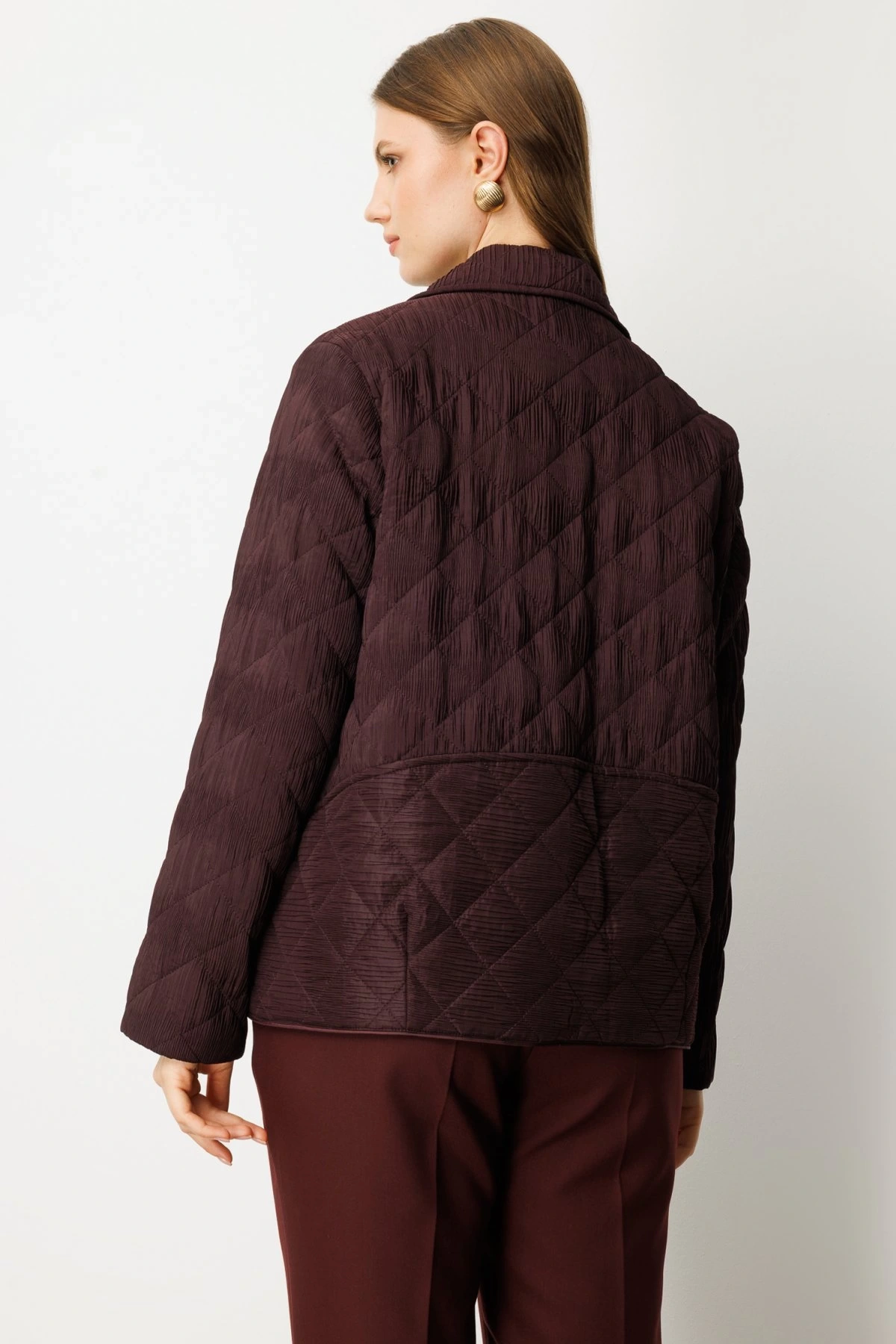 Ekol Büyük Beden Kapitone Çıtçıtlı Bordo Kadın Mont 06801