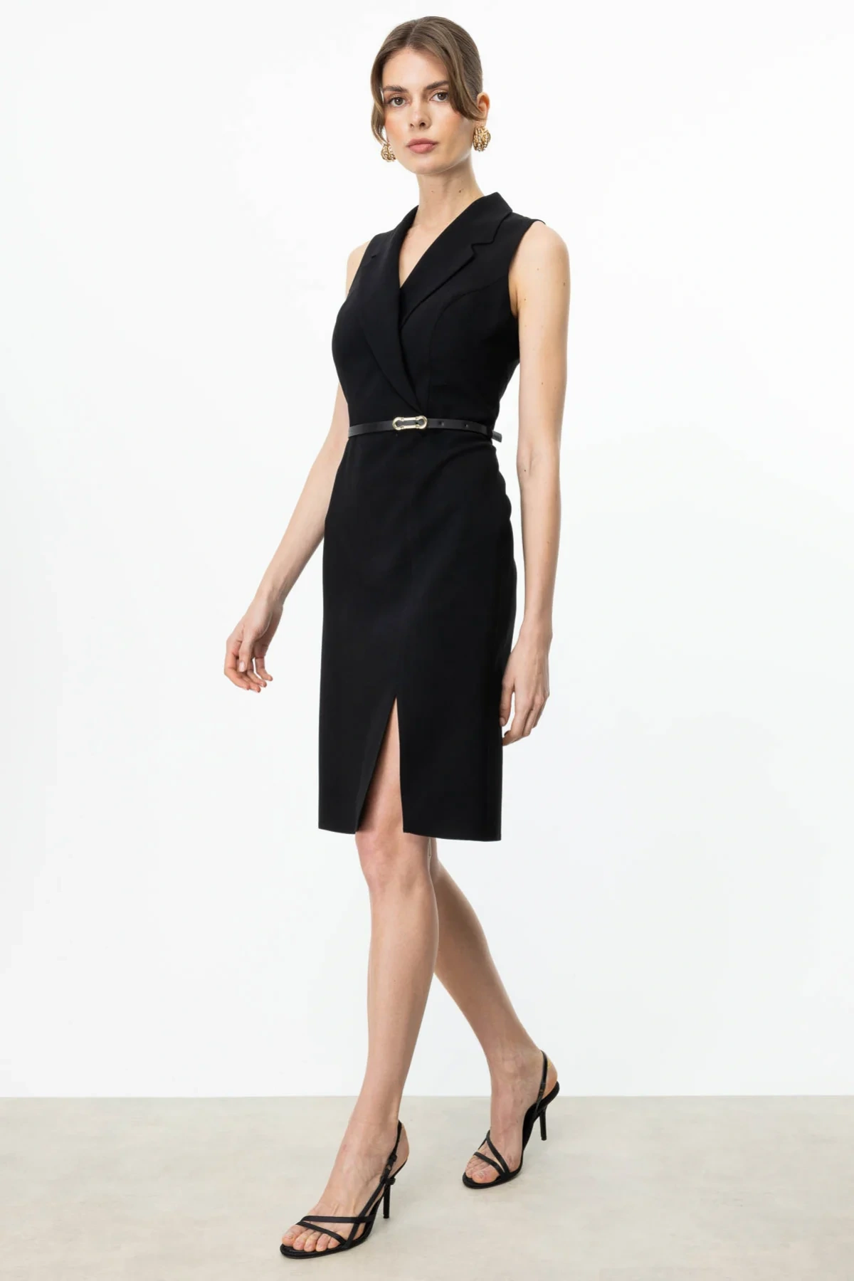 Ekol Kemerli Kruvaze Yaka Siyah Kadın Elbise 05464