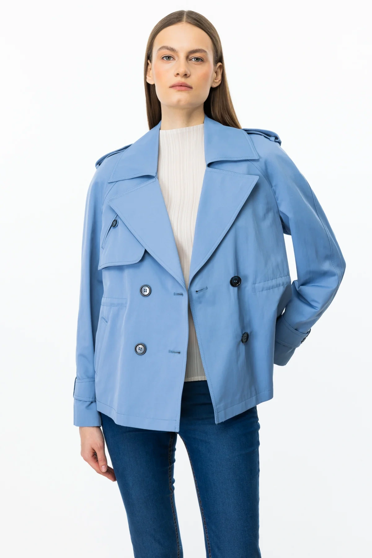 Ekol Kısa Boy Kadın Mavi Trençkot 07006