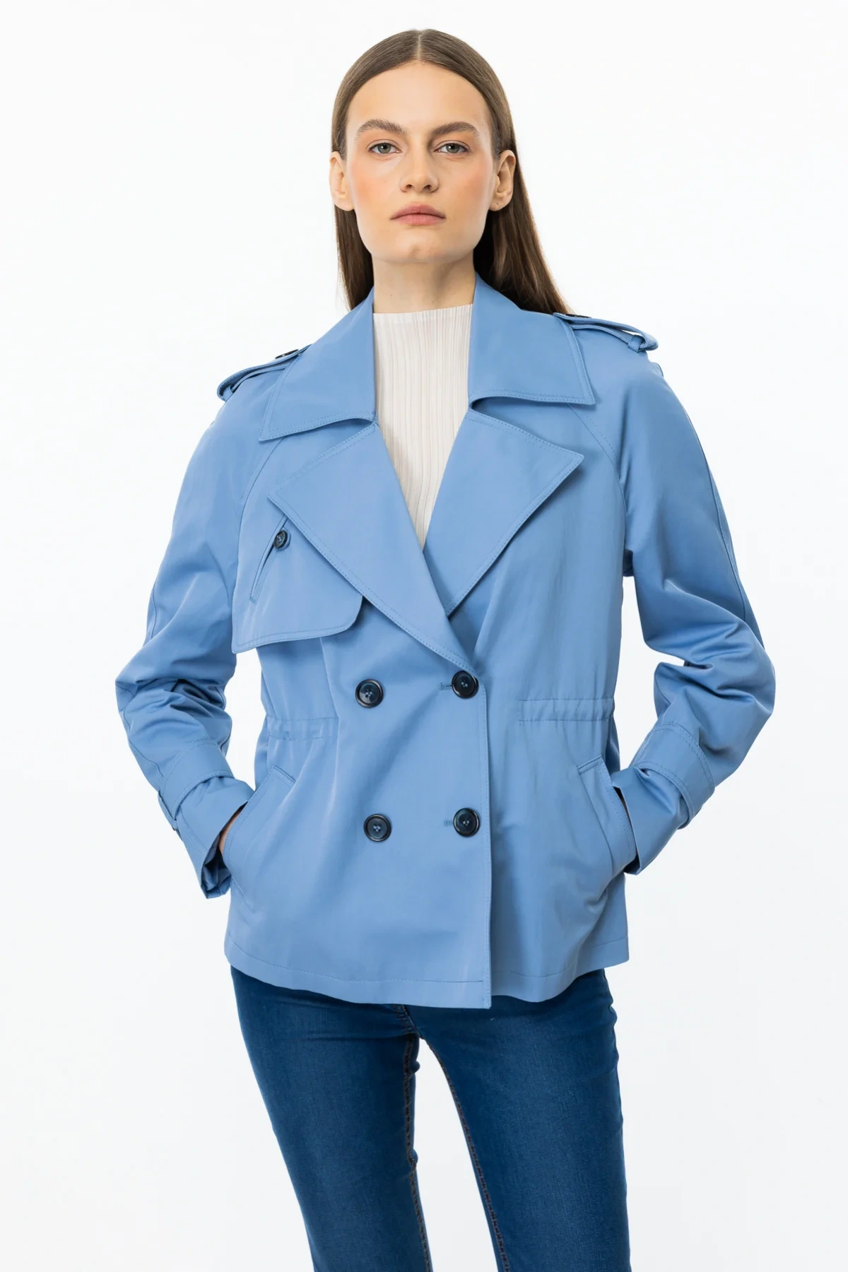 Ekol Kısa Boy Kadın Mavi Trençkot 07006