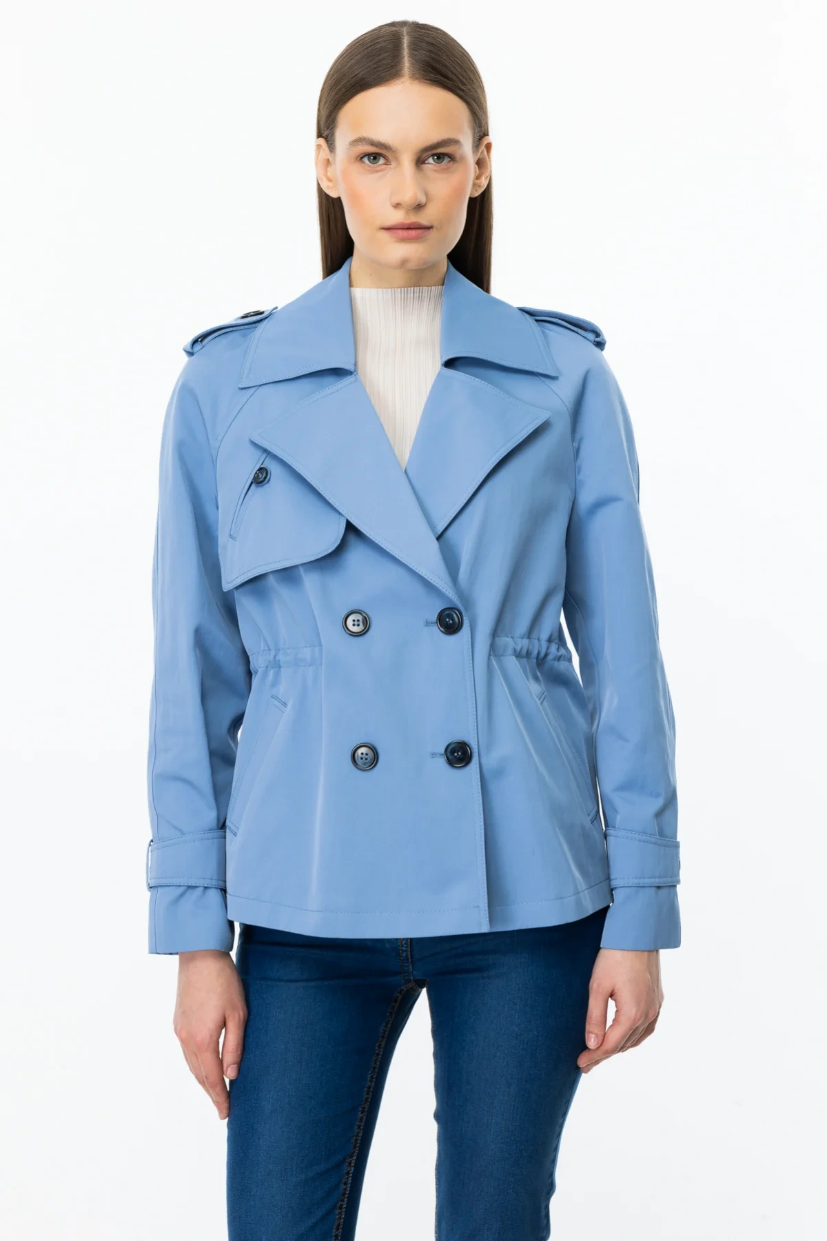 Ekol Kısa Boy Kadın Mavi Trençkot 07006