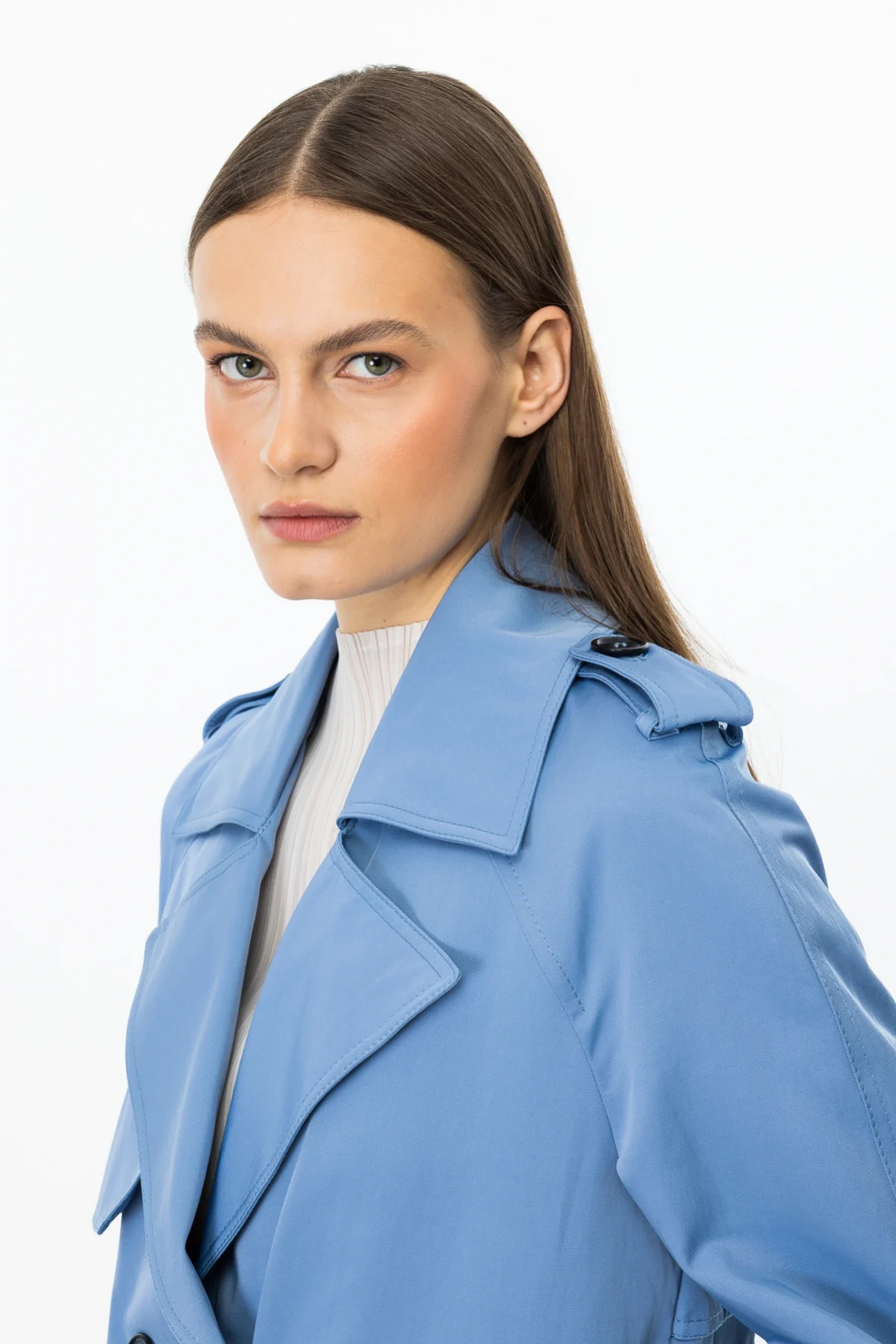 Ekol Kısa Boy Kadın Mavi Trençkot 07006