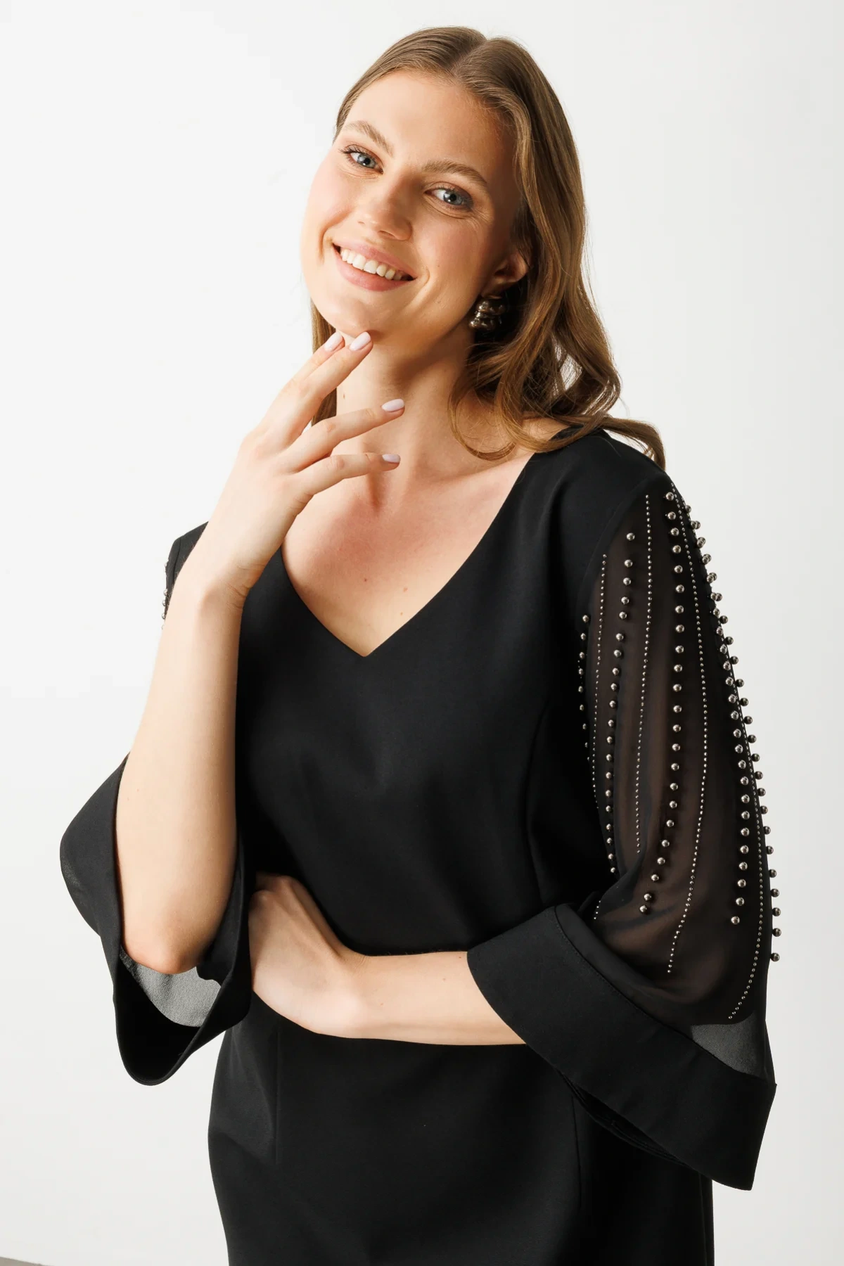 Ekol Büyük Beden Kol Tül Zımba Detaylı Siyah Kadın Elbise 05962