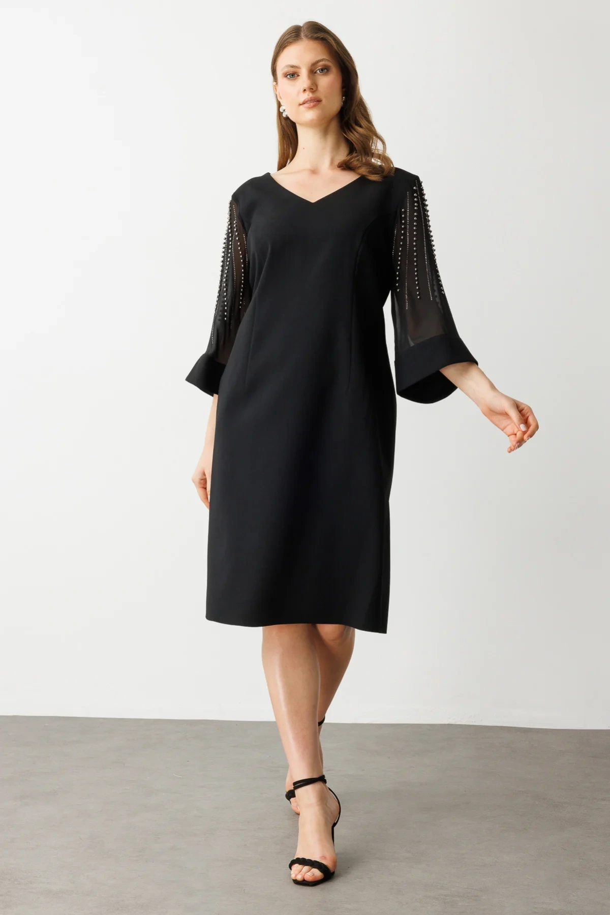 Ekol Büyük Beden Kol Tül Zımba Detaylı Siyah Kadın Elbise 05962