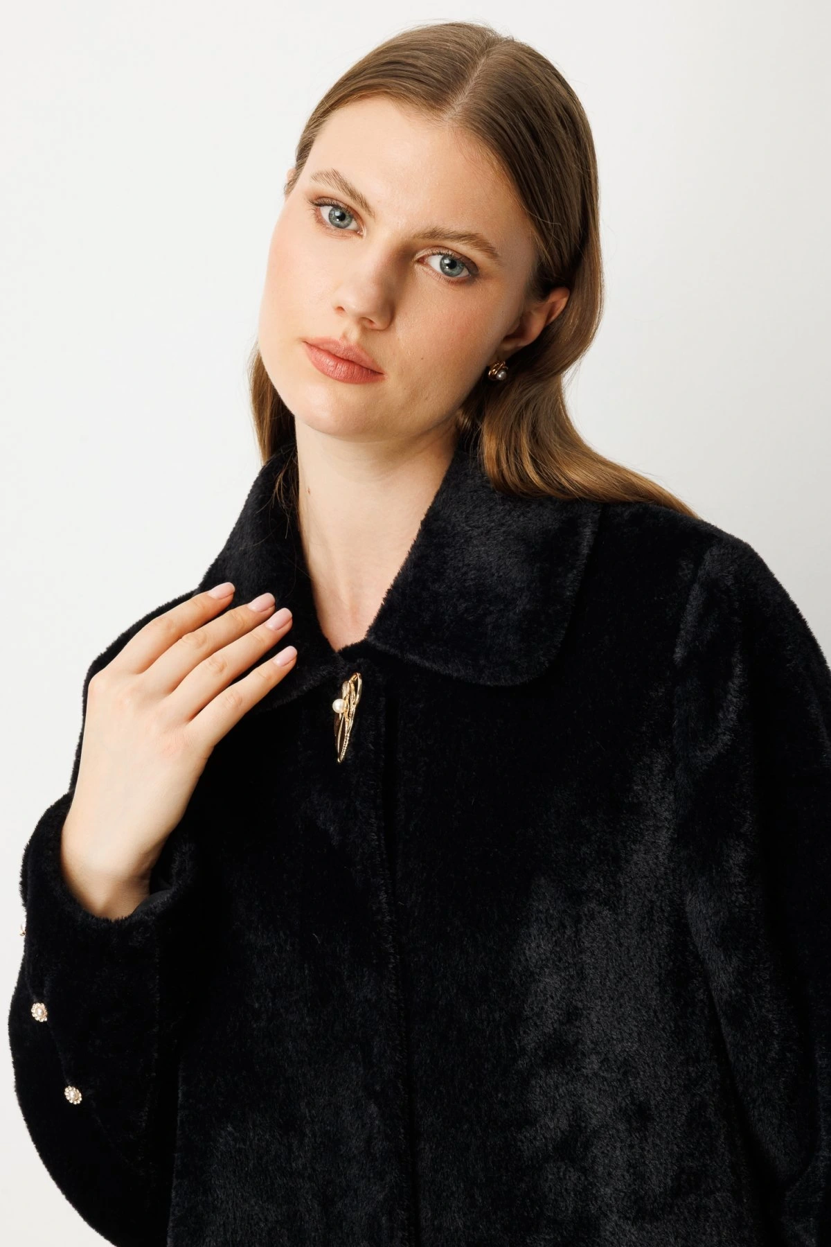 Ekol Kruvaze Yaka Broş Detaylı Siyah Kadın Manto 06331