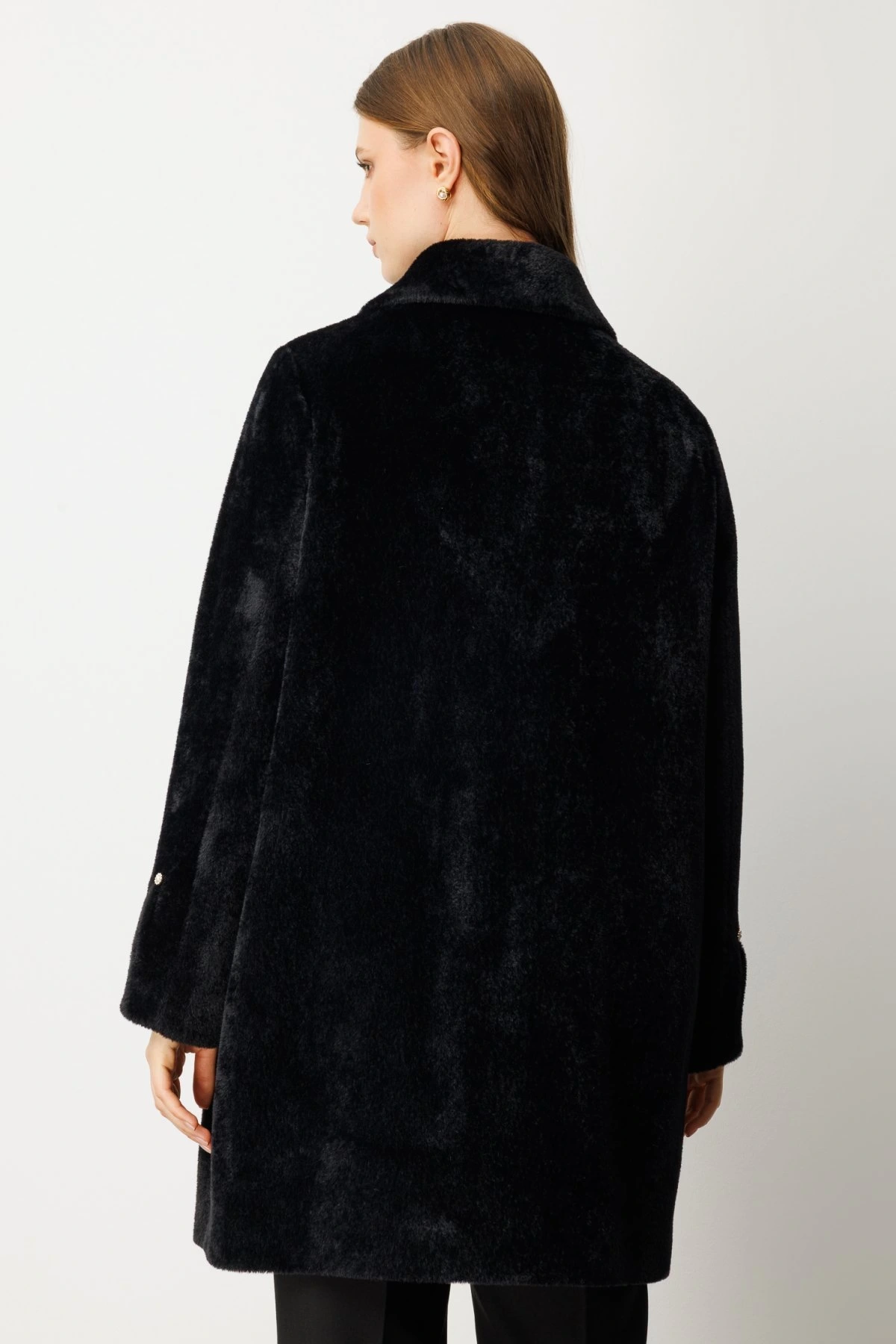 Ekol Kruvaze Yaka Broş Detaylı Siyah Kadın Manto 06331