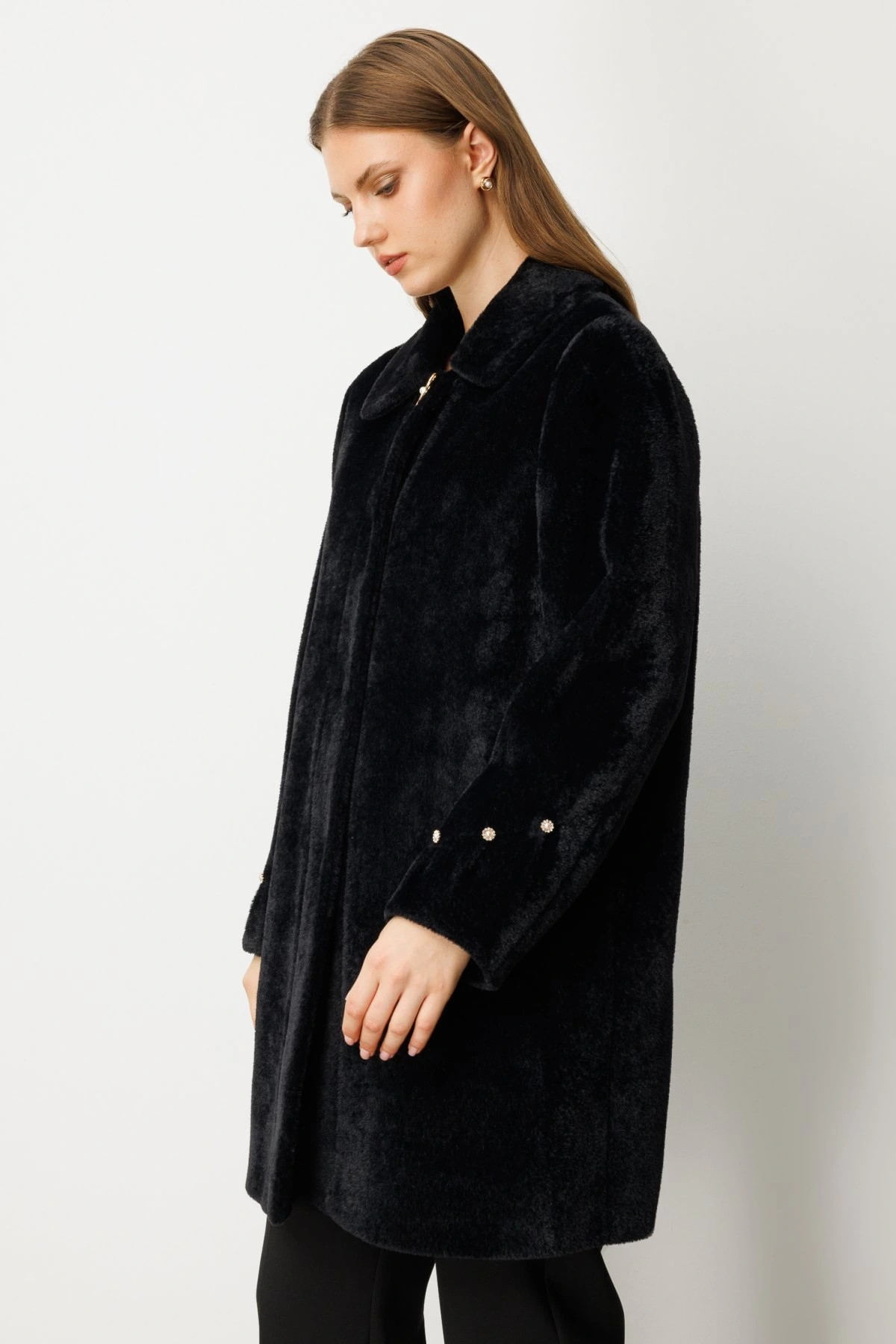 Ekol Kruvaze Yaka Broş Detaylı Siyah Kadın Manto 06331