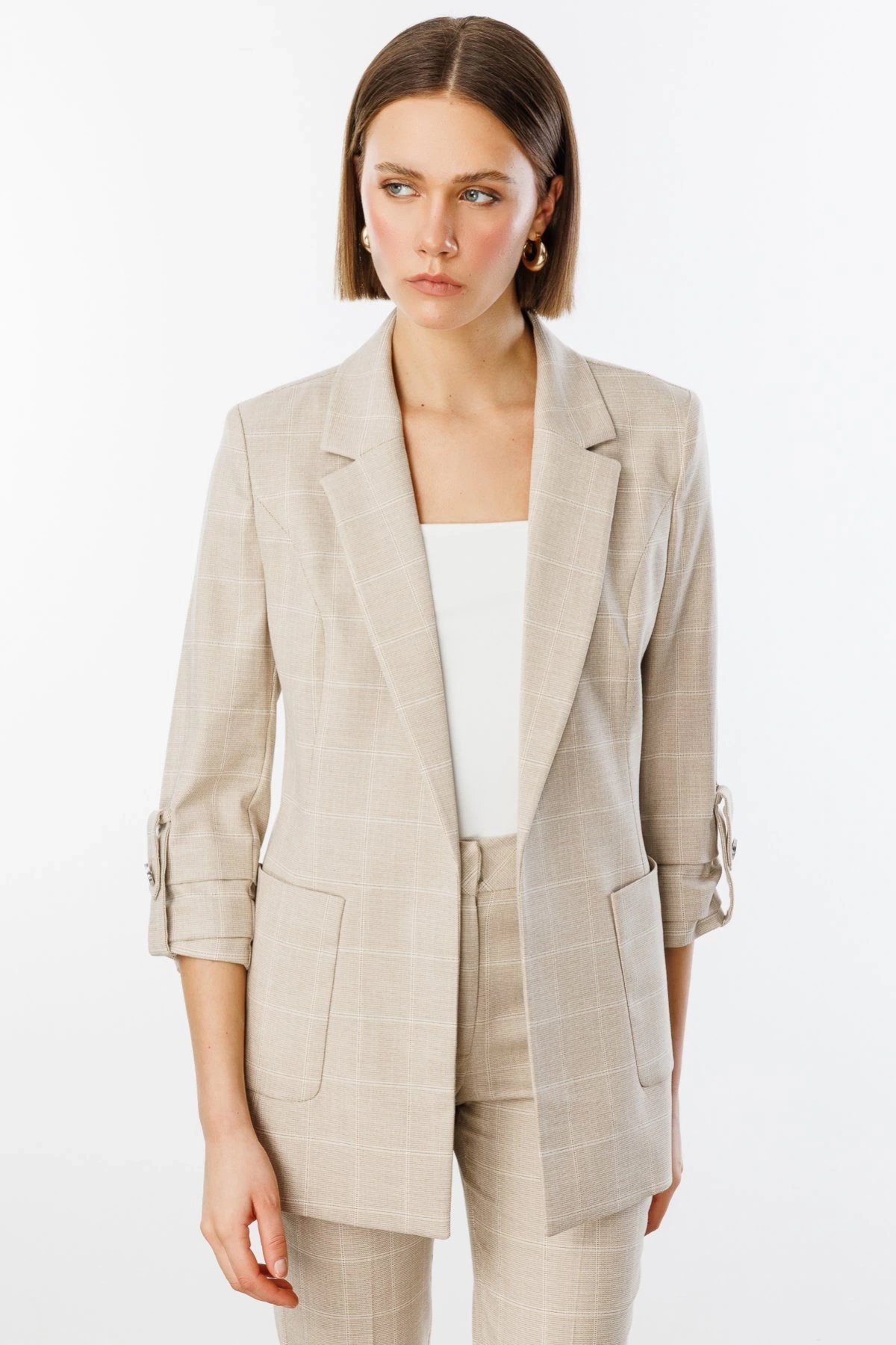 Ekol Kadın Kruvaze Yaka Cepli Bej Ceket 04032