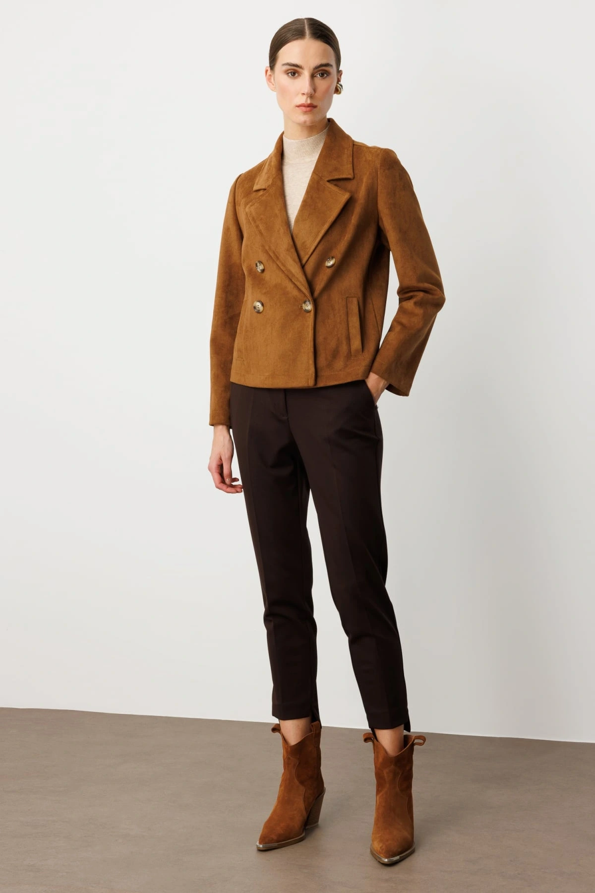 Ekol Kruvaze Yaka Desenli Taba Renk Kadın Mont 08021