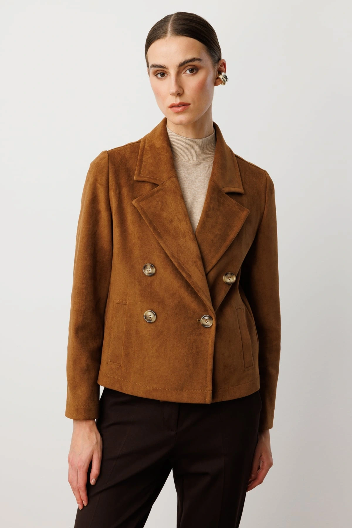 Ekol Kruvaze Yaka Desenli Taba Renk Kadın Mont 08021