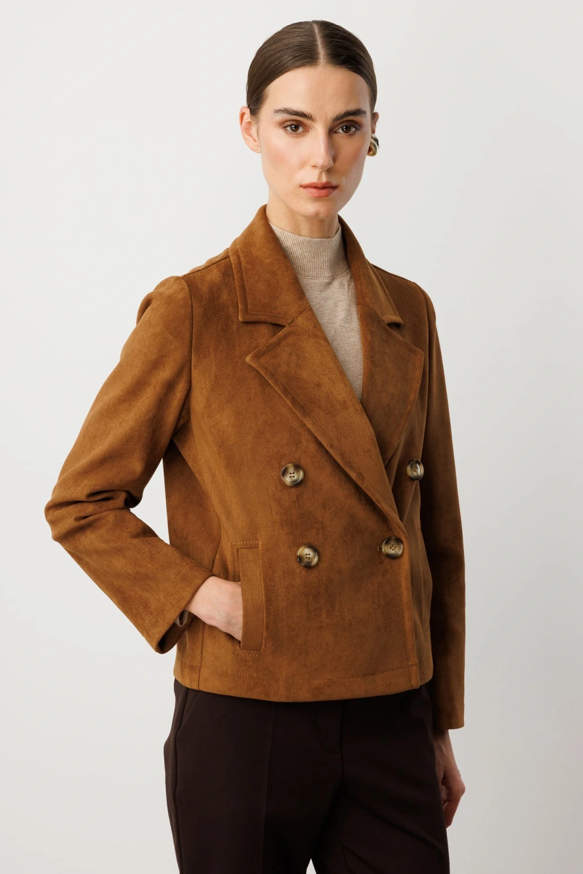 Ekol Kruvaze Yaka Desenli Taba Renk Kadın Mont 08021