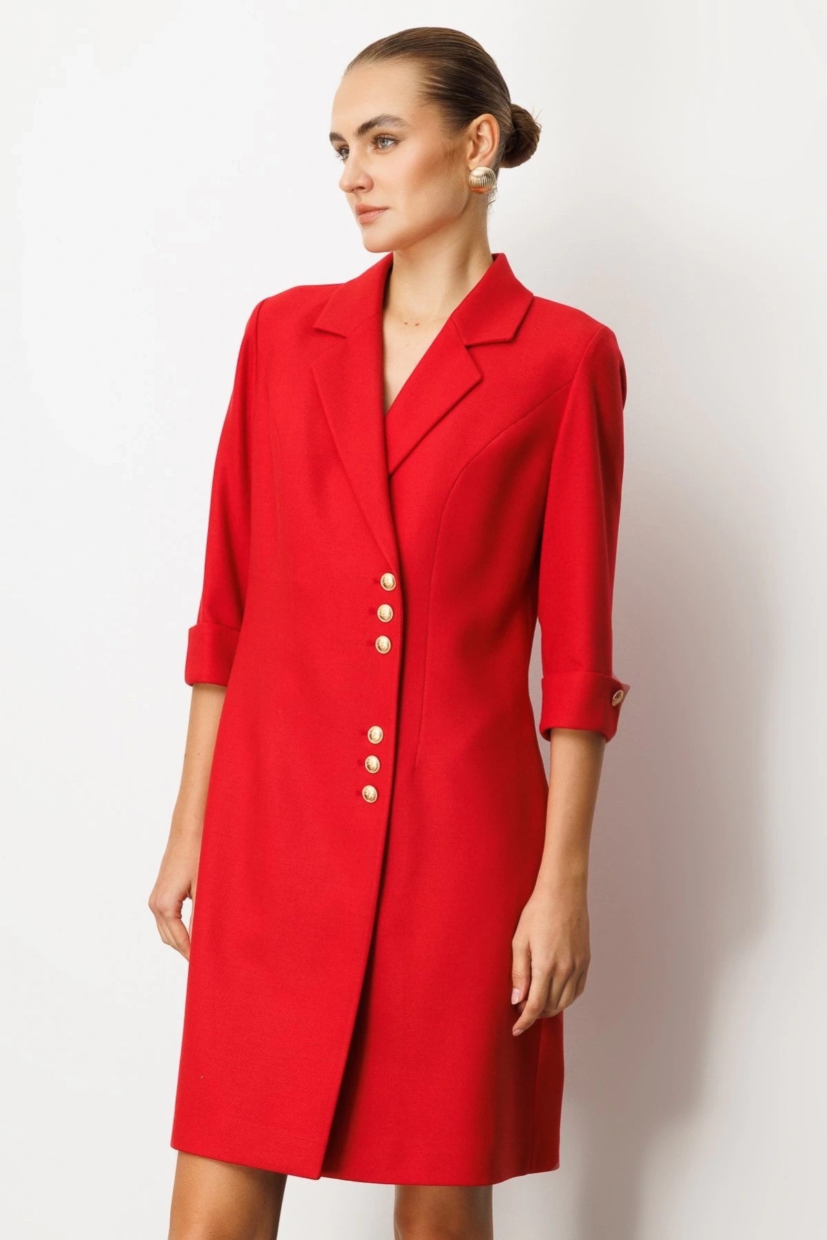 Ekol Kruvaze Yaka Düğmeli Elbise 04009