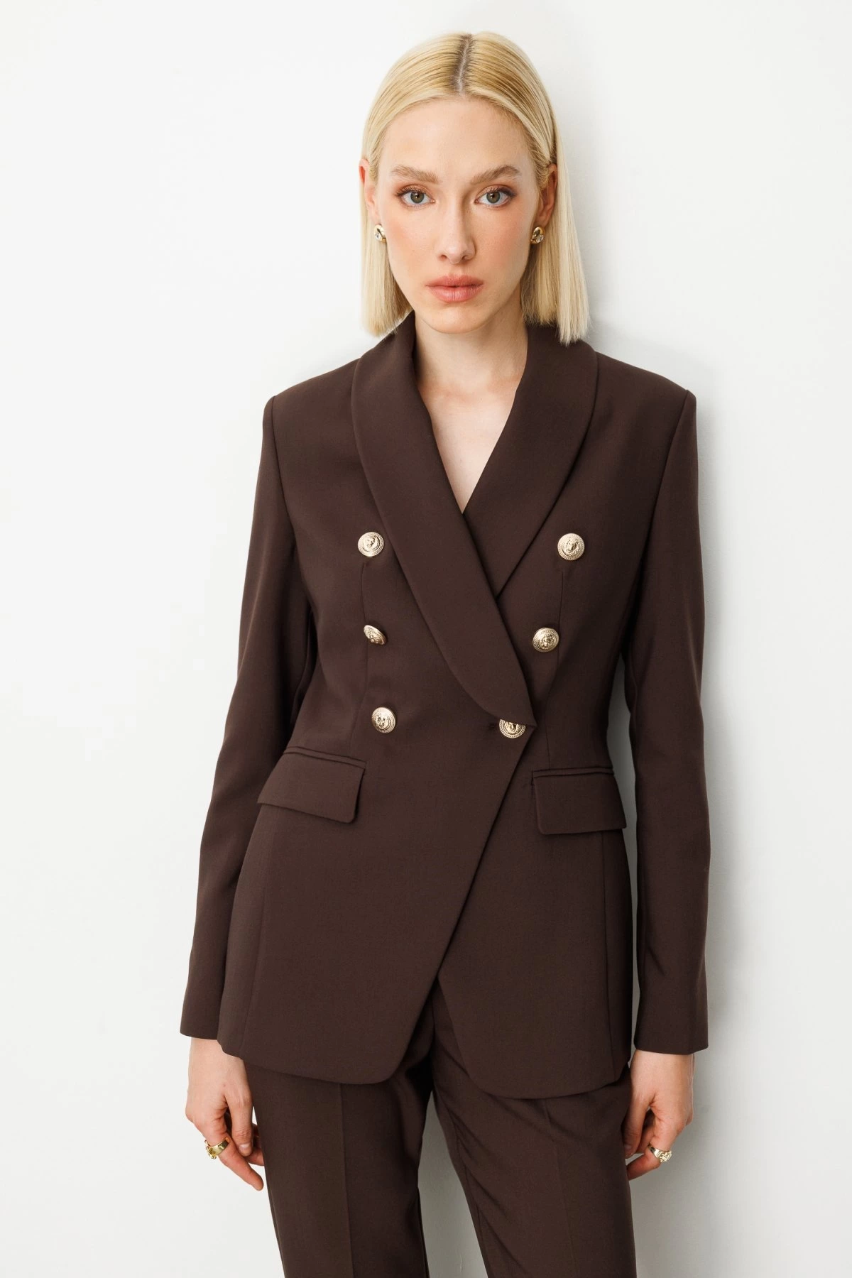 Ekol Kruvaze Yaka Kapak Cepli Kadın Kahverengi Ceket 05013