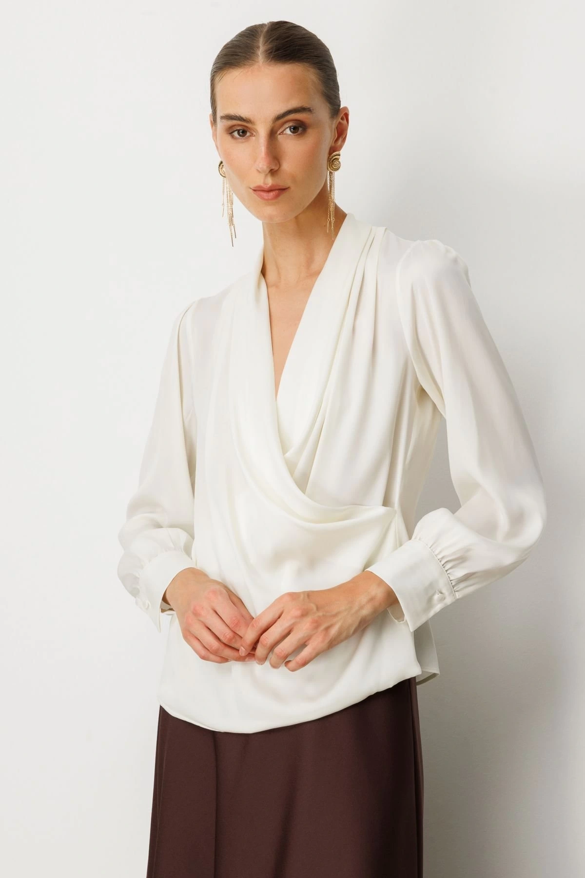 Ekol Kruvaze Yaka Önü Pileli Bluz 03007