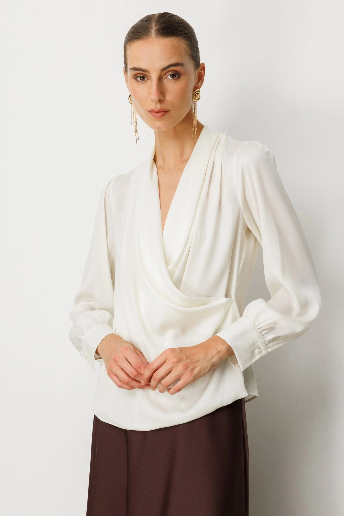 Ekol Kruvaze Yaka Önü Pileli Bluz 03007