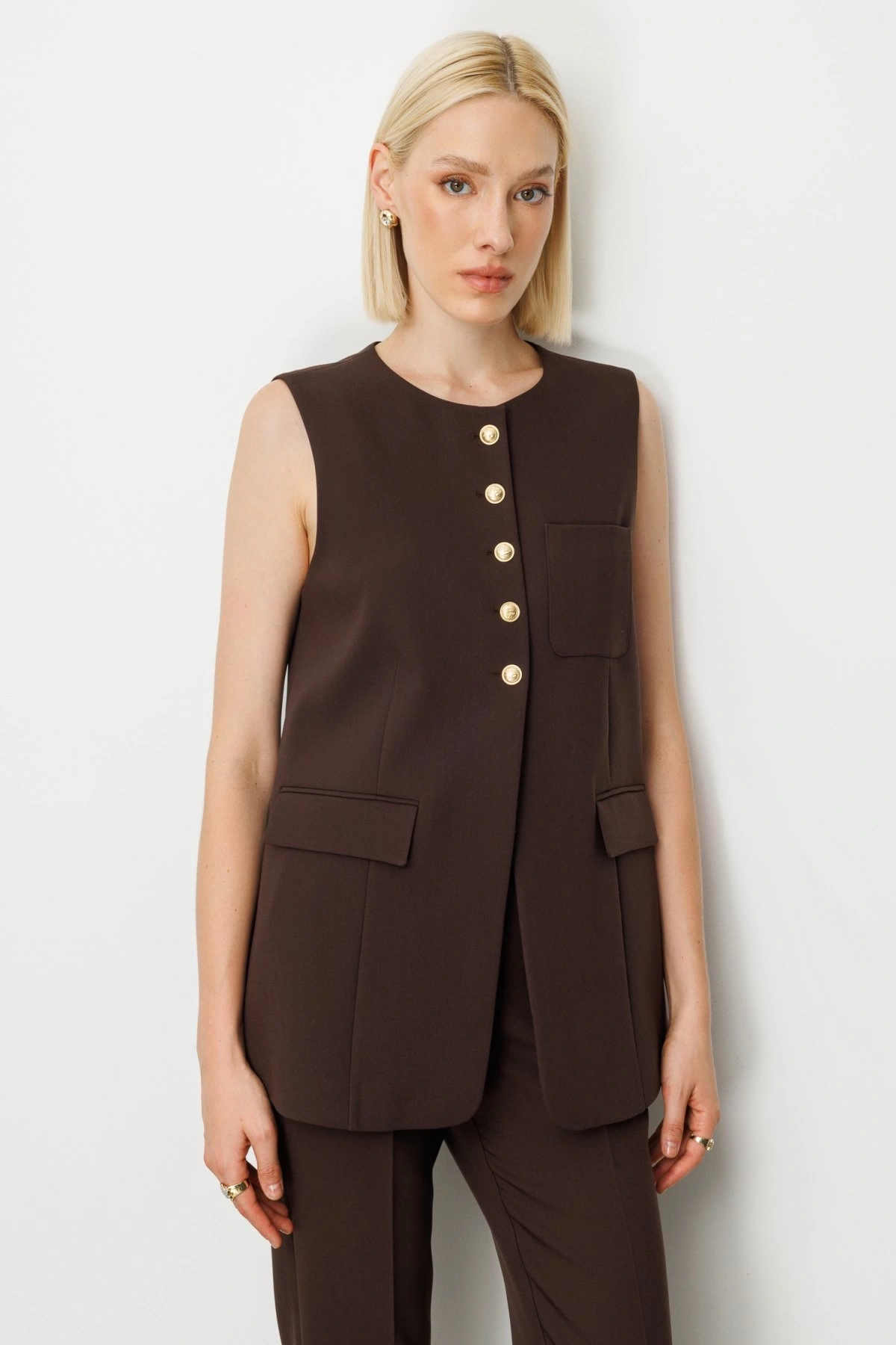 Ekol Önü Düğmeli Kapak Cepli Bordo Kadın Yelek 05007