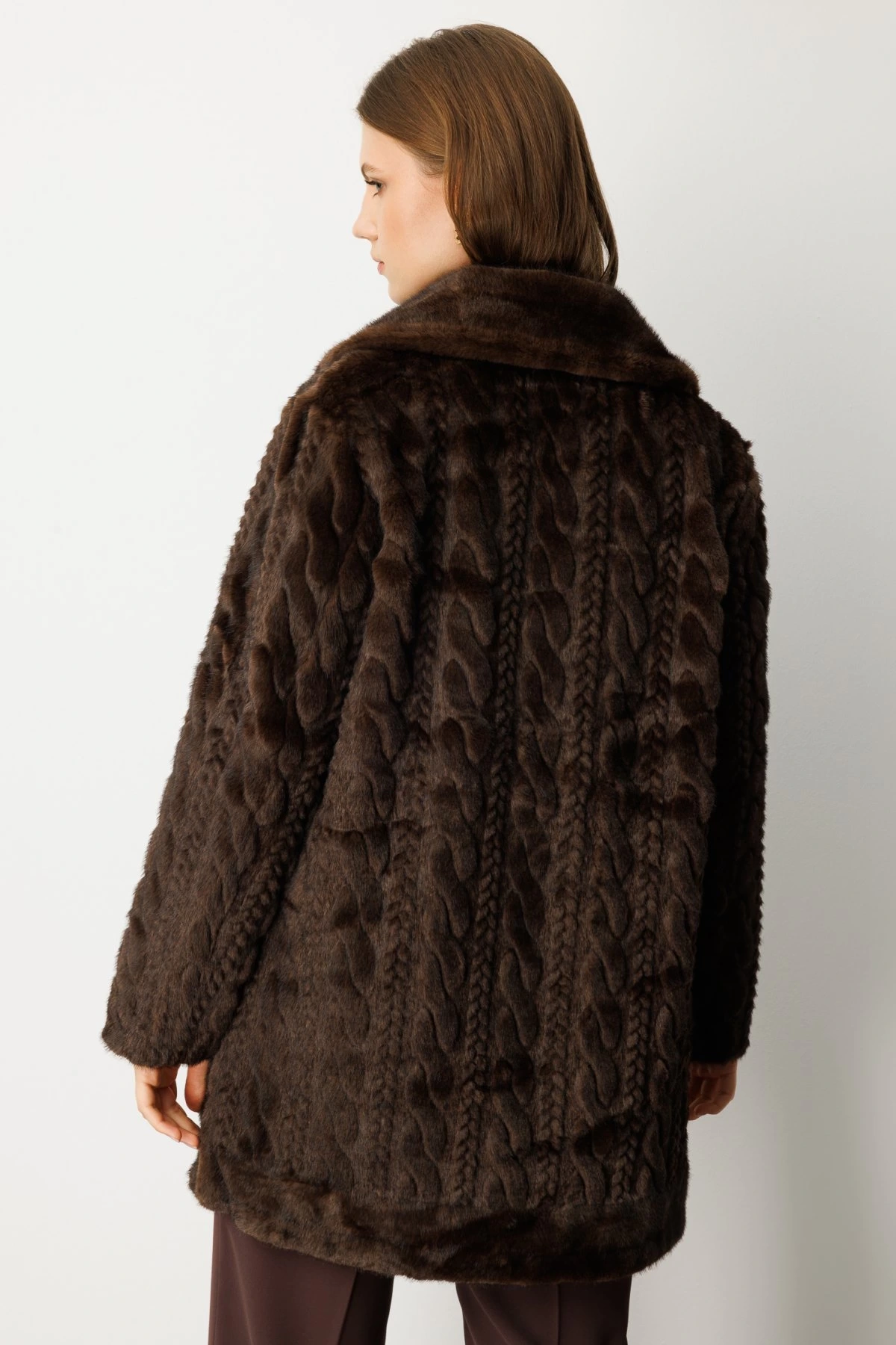 Ekol Büyük Beden Örgü Desenli Kadın Kahverengi Kürk Manto 06961