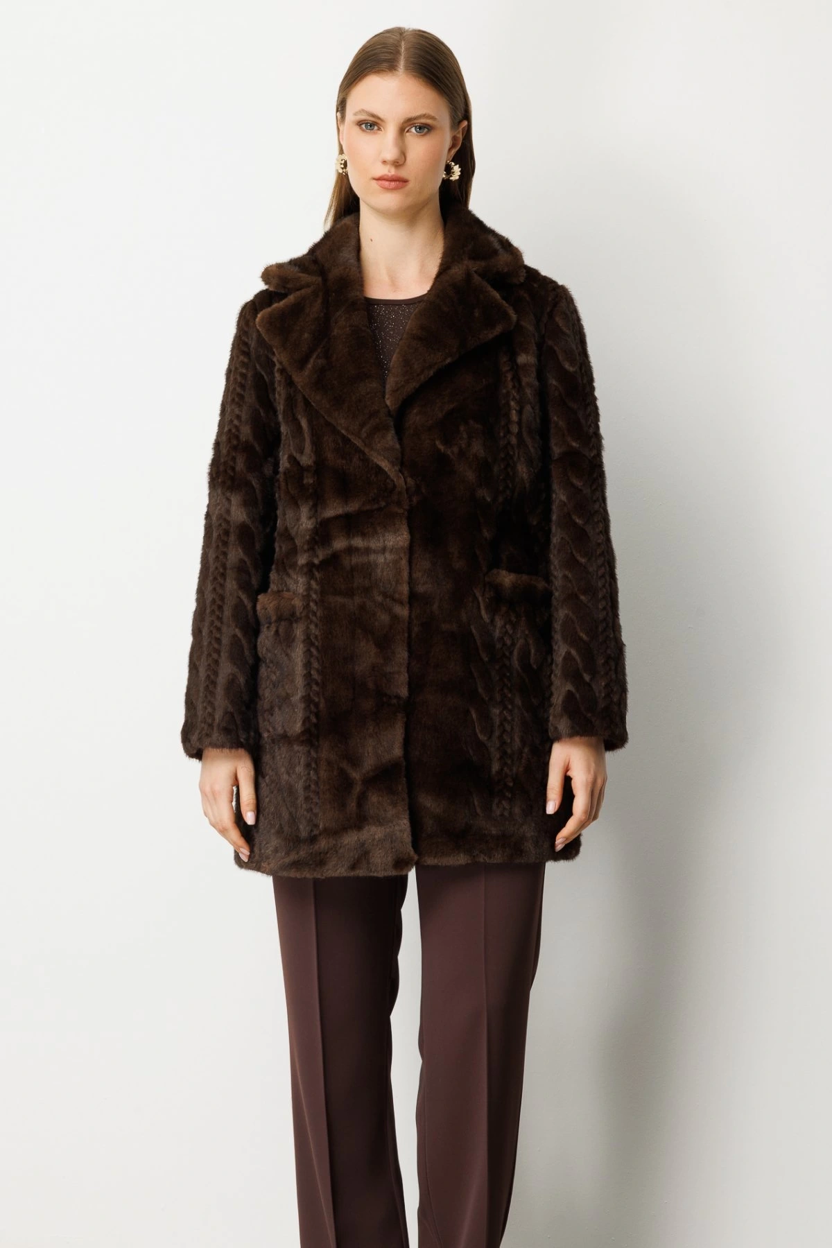 Ekol Büyük Beden Örgü Desenli Kadın Kahverengi Kürk Manto 06961