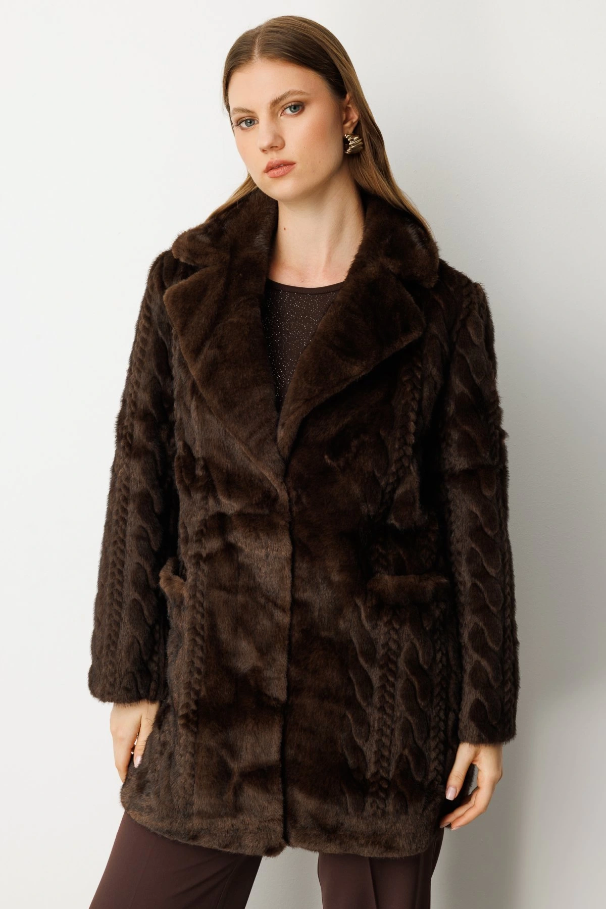 Ekol Büyük Beden Örgü Desenli Kadın Kahverengi Kürk Manto 06961