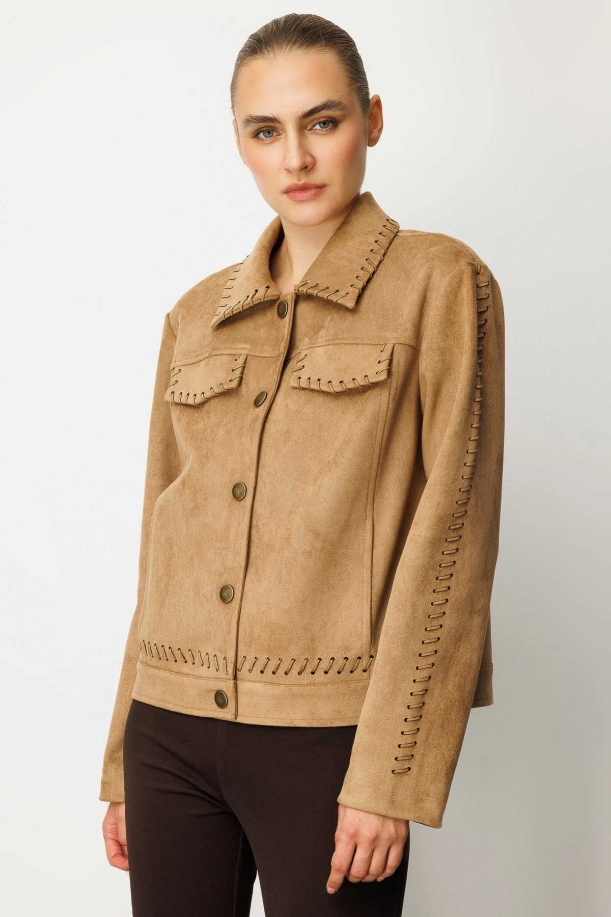 Ekol Örgü Detaylı Suni Süet Vizon Kadın Ceket 08015